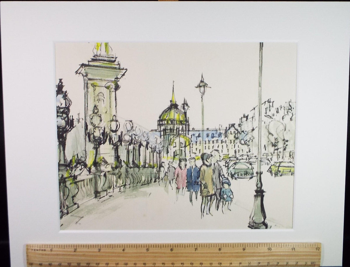 Watercolour & Ink drawing, 'Figures on a Bridge' Unknown Artist, circa 1980's