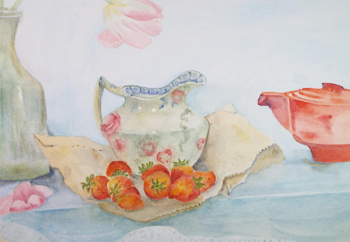 Original Watercolour, 'Still Life of Jug and Strawberries' circa 1980's, Artist Unknown