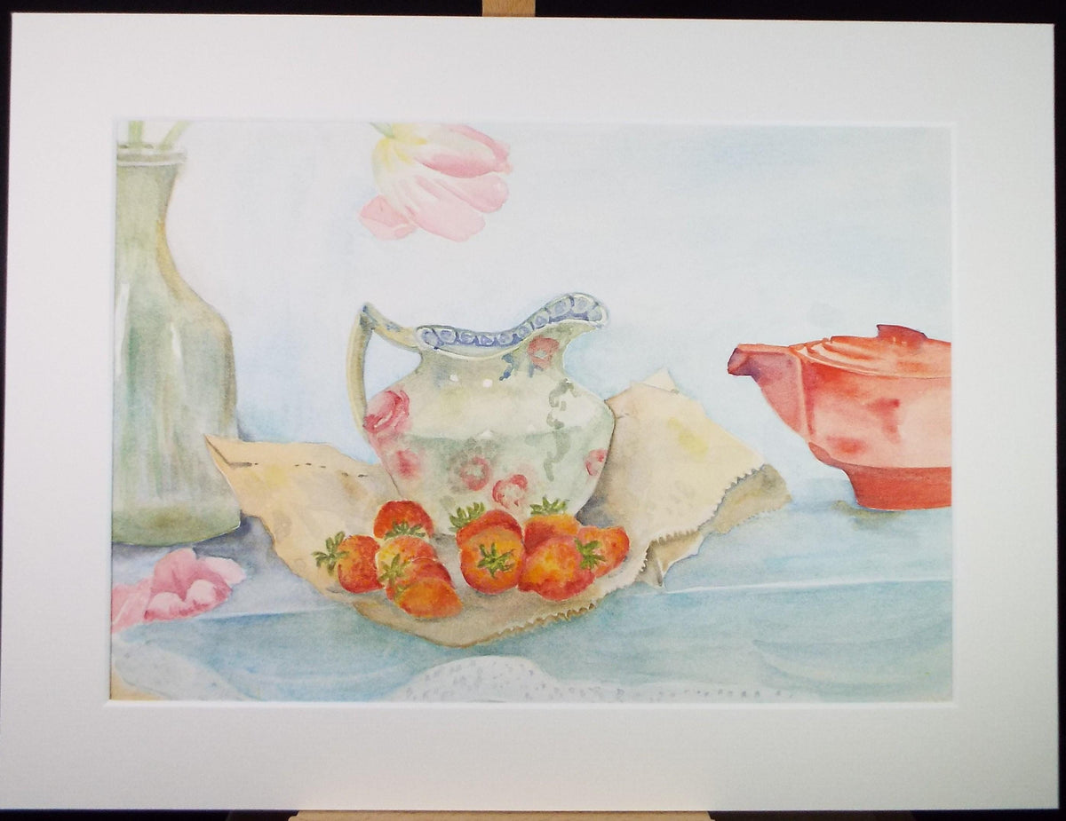 Original Watercolour, 'Still Life of Jug and Strawberries' circa 1980's, Artist Unknown