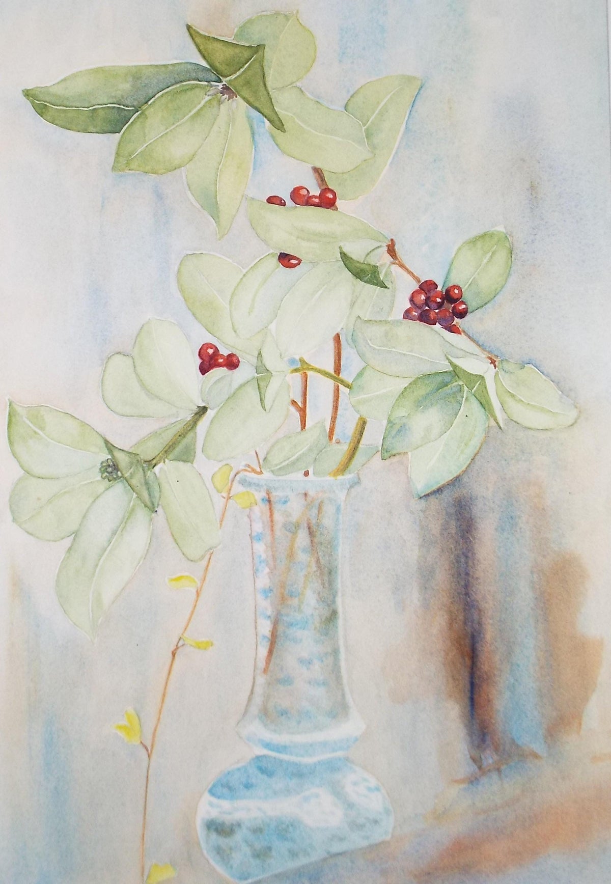 Original Watercolour, 'Still Life with red berries', Dated 1984 ,Unknown Artist