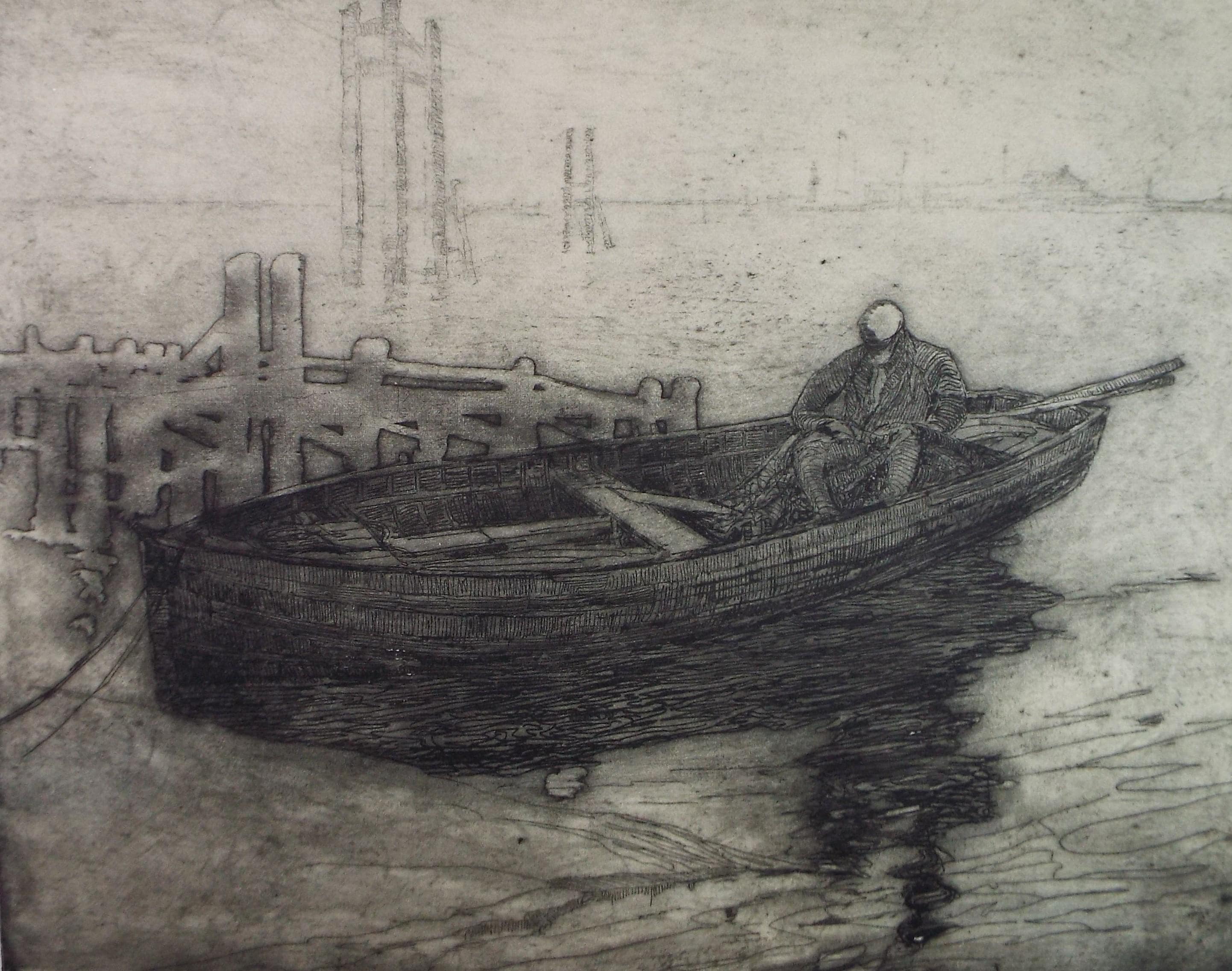 Hand Pressed Etching, 'Figure in a boat', Lawrence Walker (1877-1967), Circa 1920's