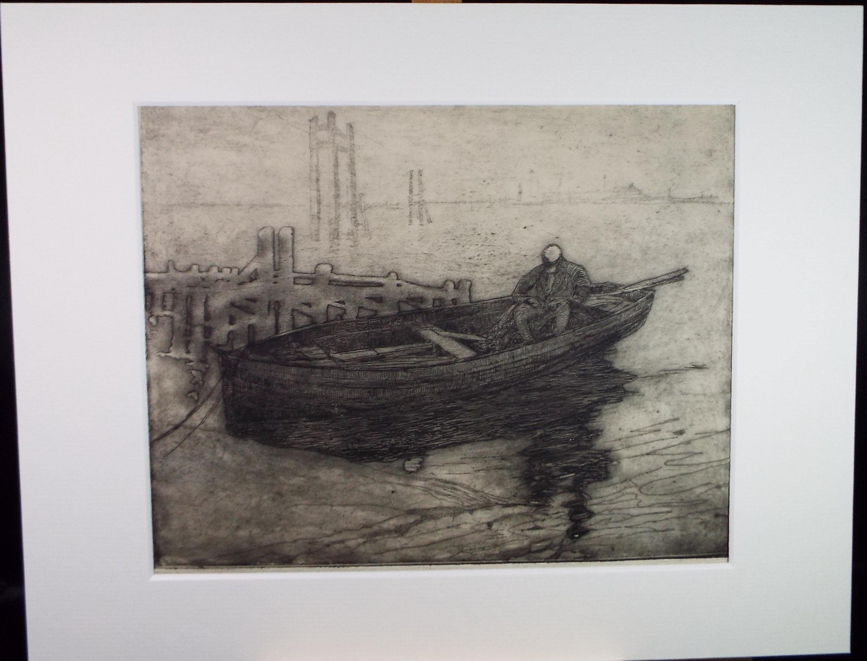 Hand Pressed Etching, 'Figure in a boat', Lawrence Walker (1877-1967), Circa 1920's