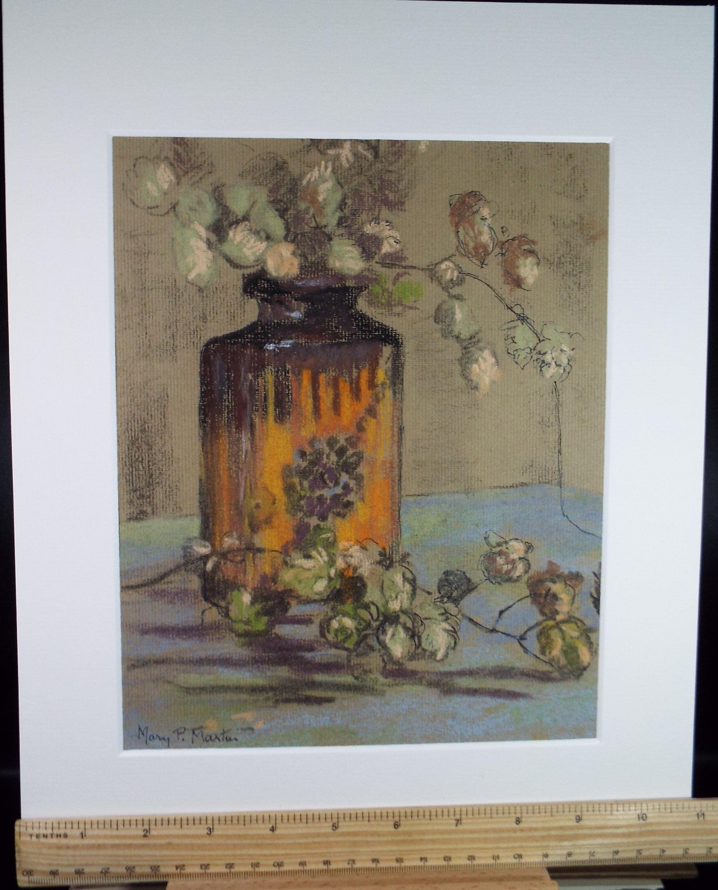 Original pastel Drawing 'Vase with Hops', Mary P Martin, Circa 1970's