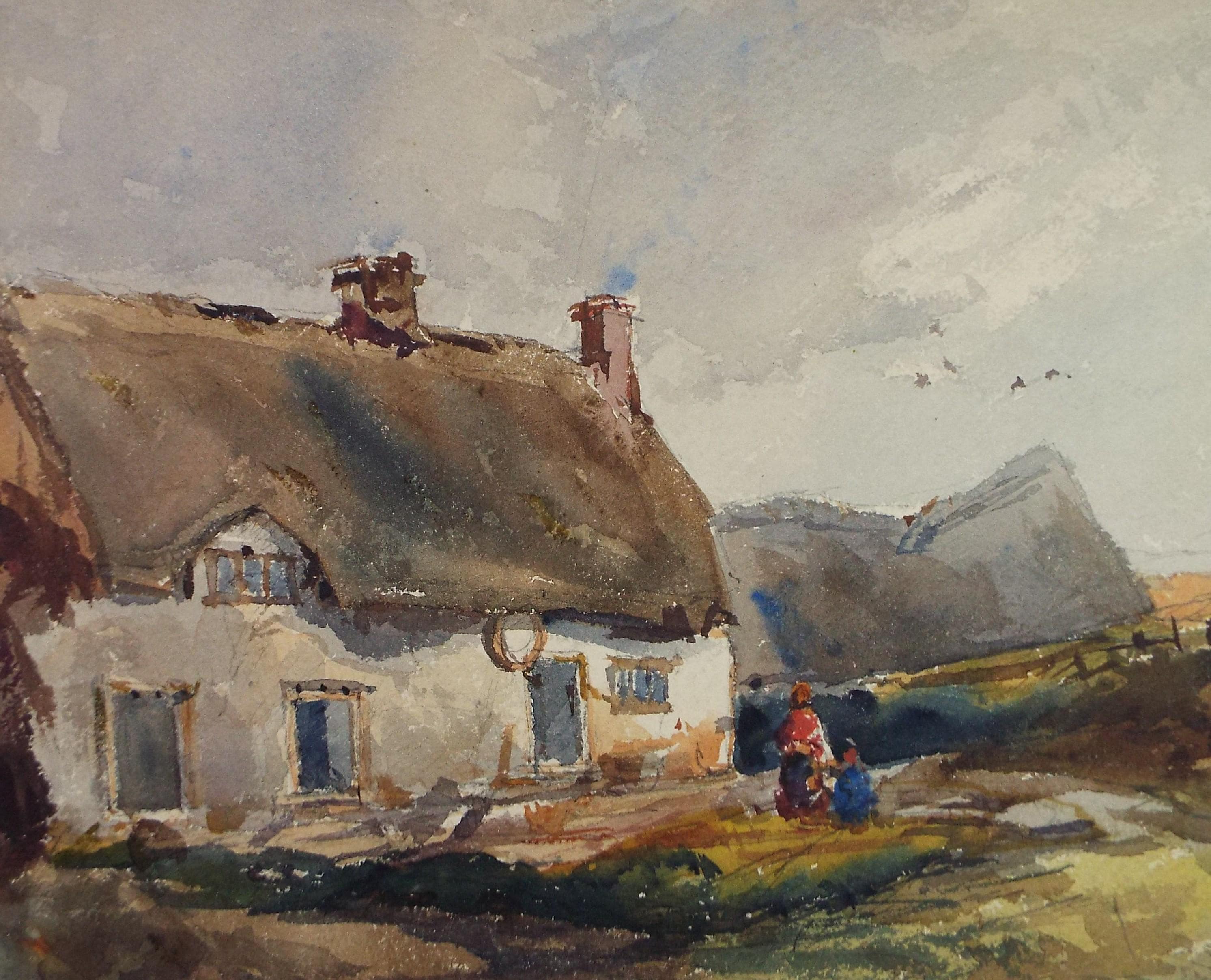 Original Watercolour, 'Thatched cottage with figures', c1900, Artist Unknown