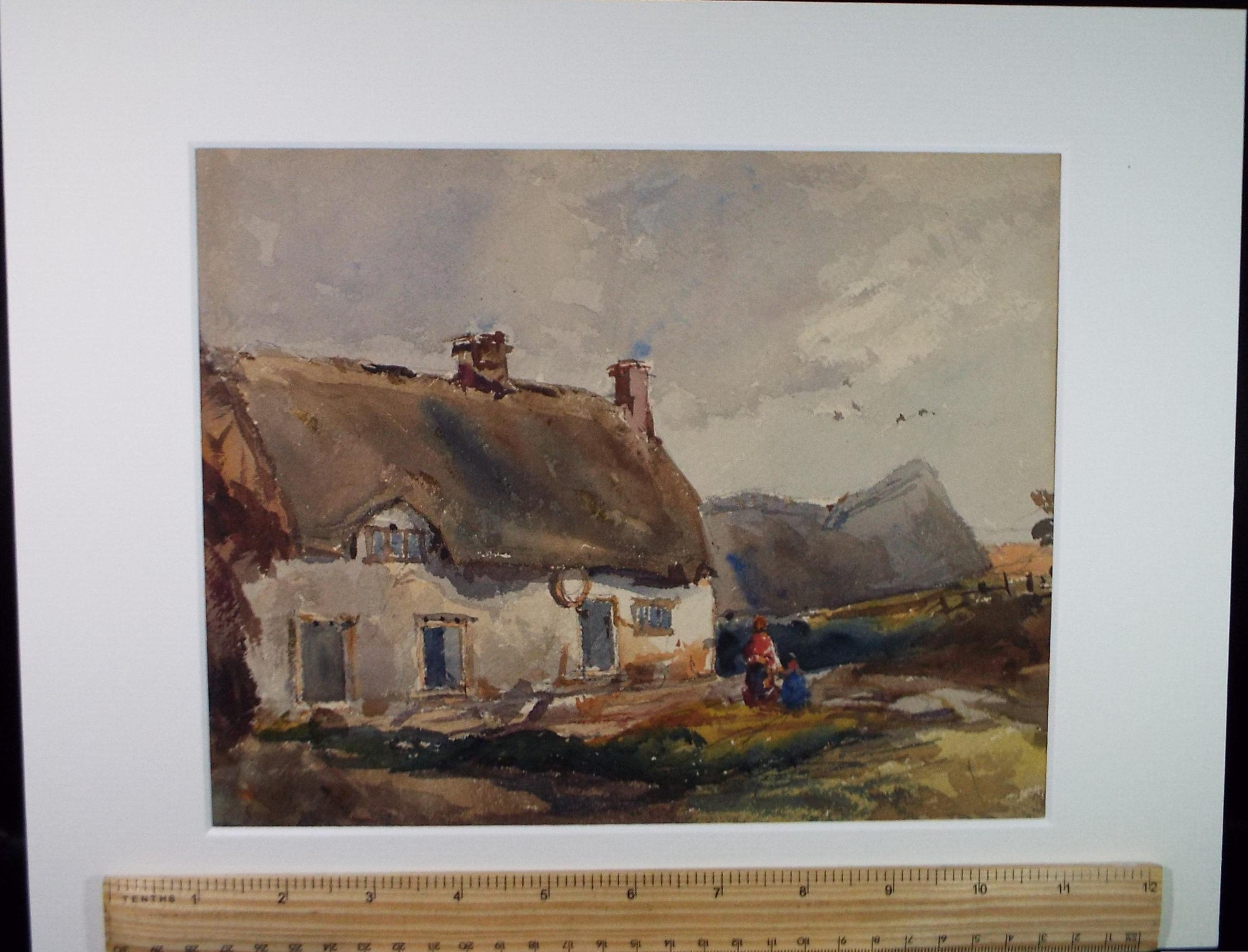 Original Watercolour, 'Thatched cottage with figures', c1900, Artist Unknown