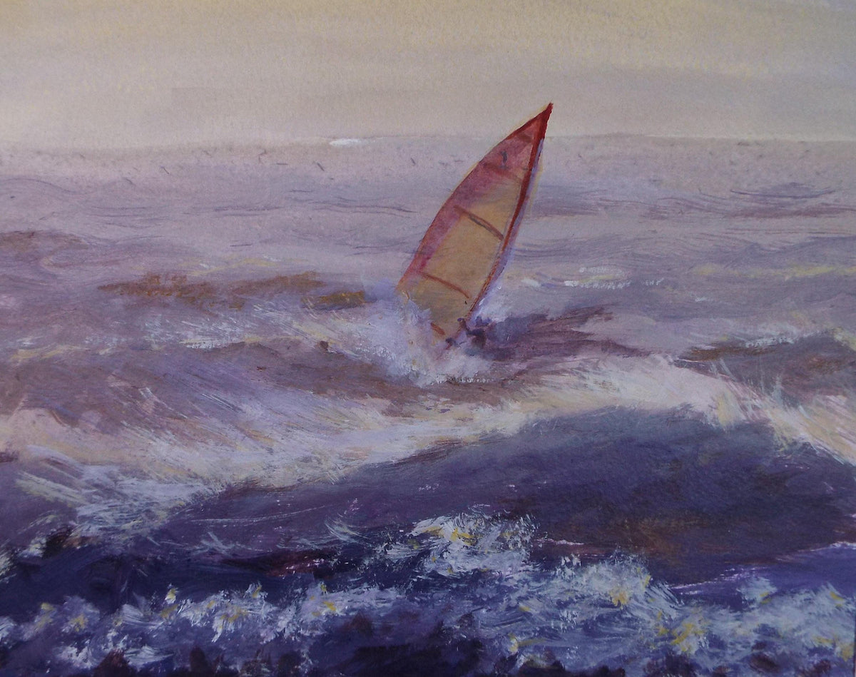 Watercolour & acrylic on paper, 'Windsurfer in a stormy sea', Unknown Artist, circa 1990's