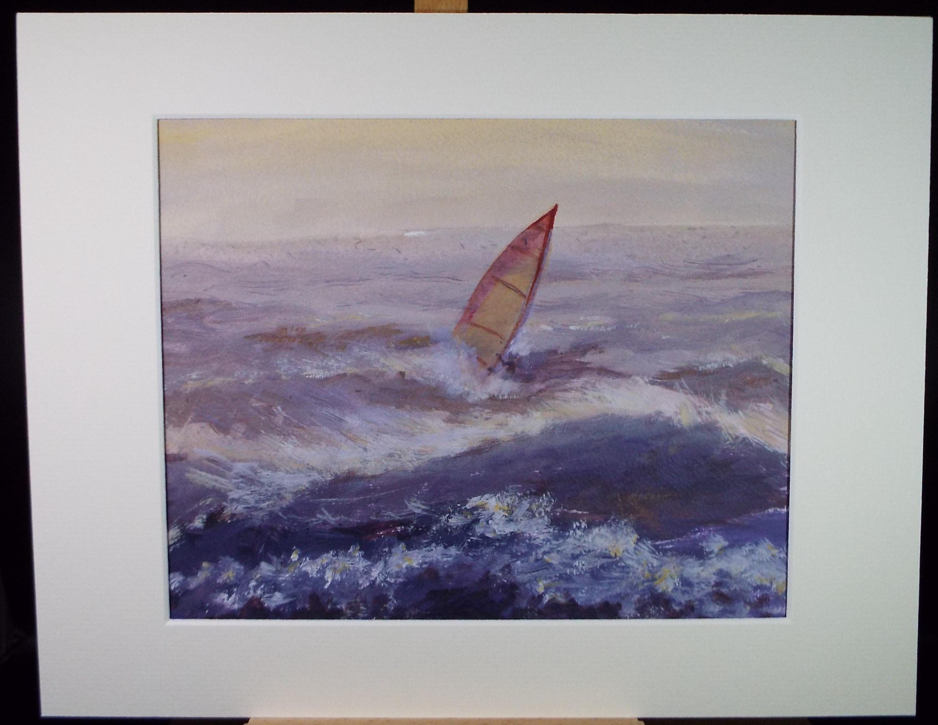 Watercolour & acrylic on paper, 'Windsurfer in a stormy sea', Unknown Artist, circa 1990's