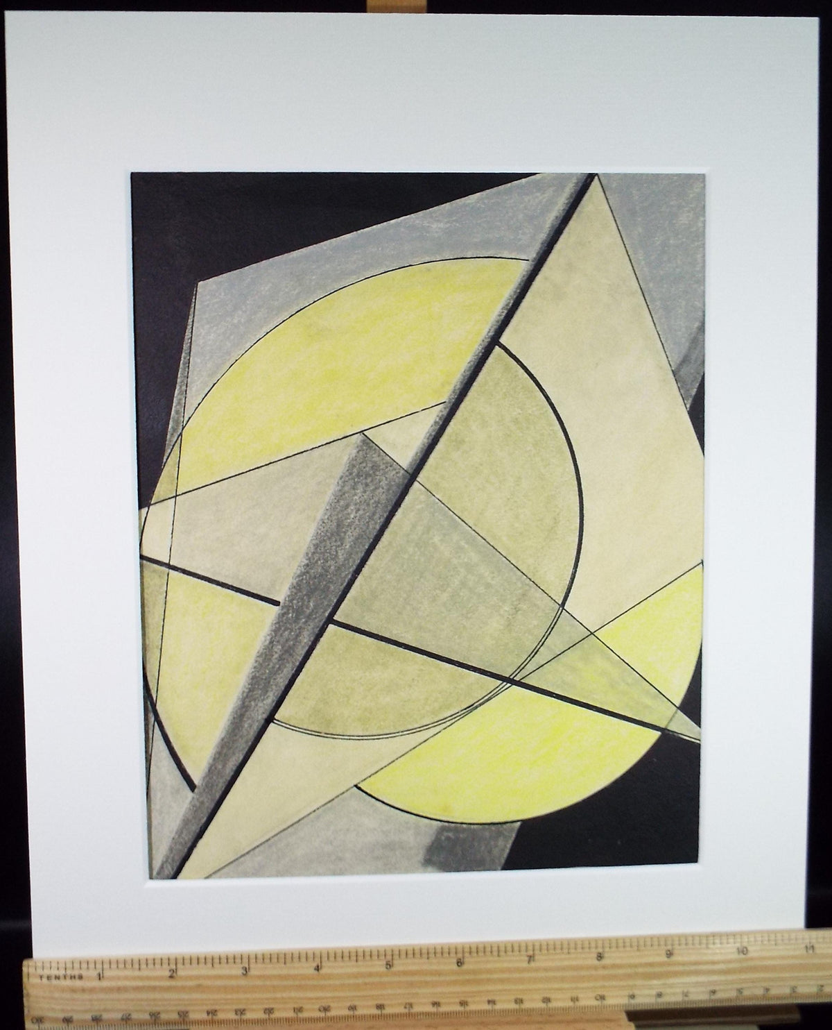 Original Coloured Pencil on Paper, 'Abstract forms in Yellow', Artist Unknown, Circa 1950's