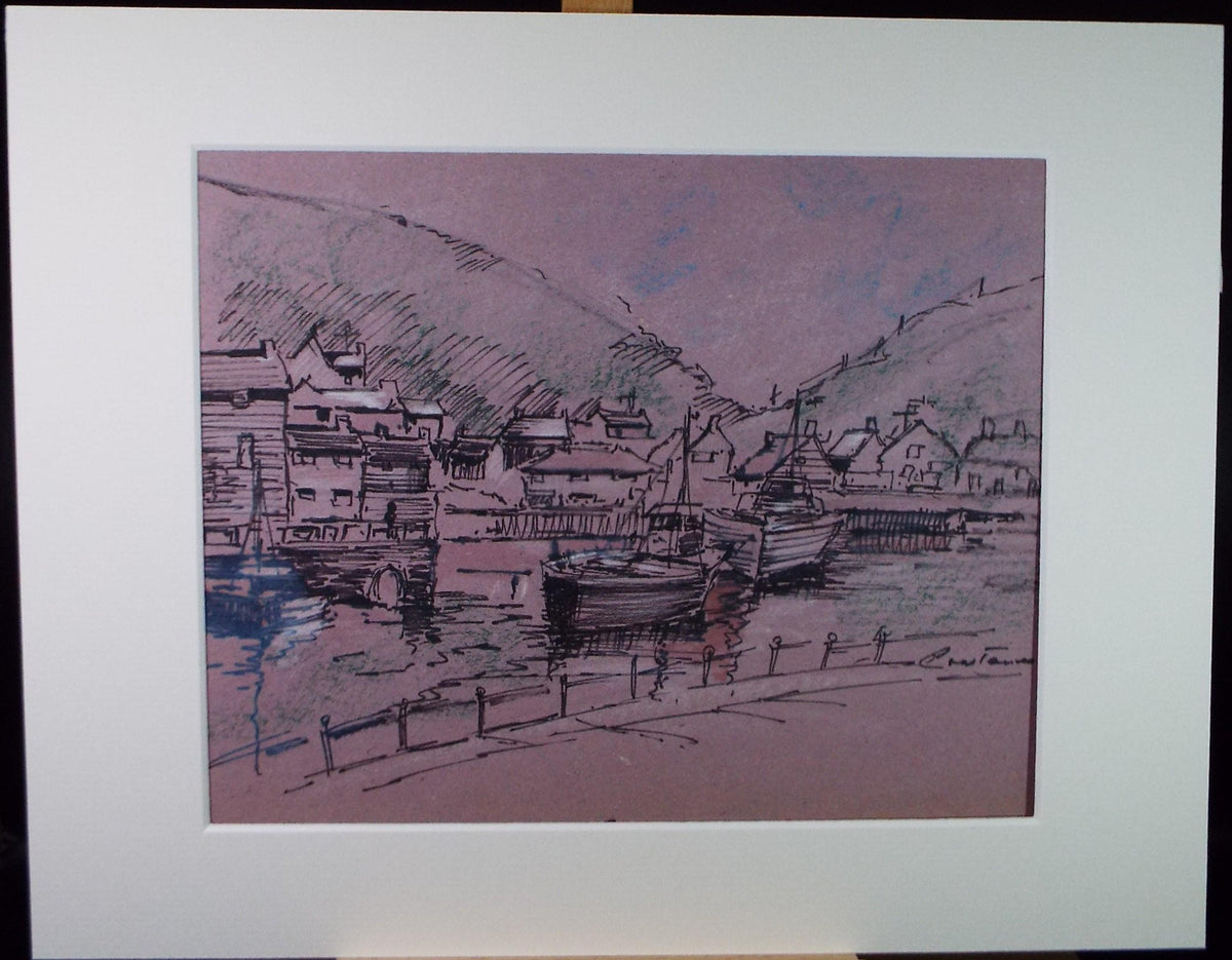 Original ink and pastel 'Fishing Harbour', Signed Constance, Circa 1980's