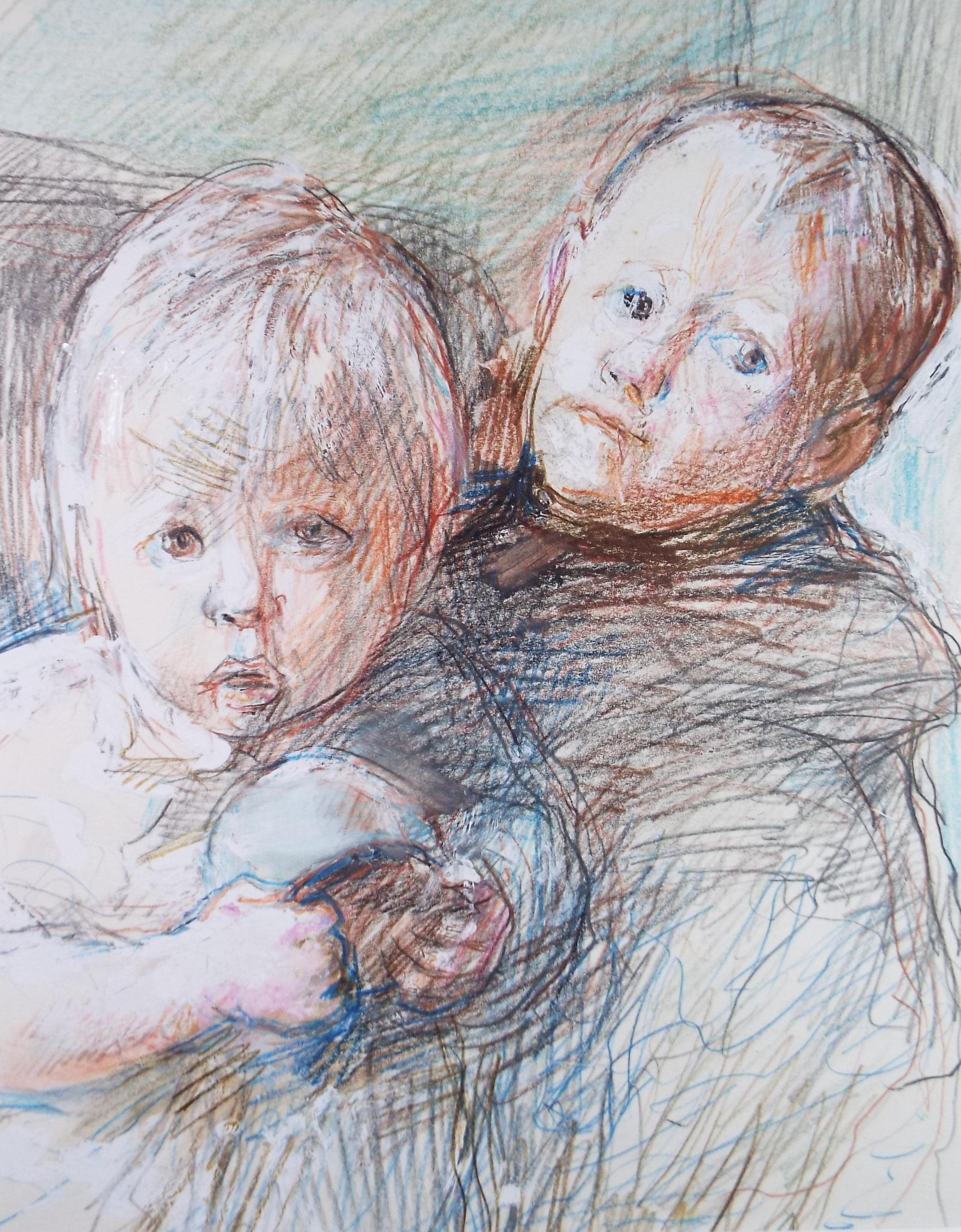 Original mixed media,'Brother and Sister', circa 1990's, John Gilbey Bowles (1929-2011)