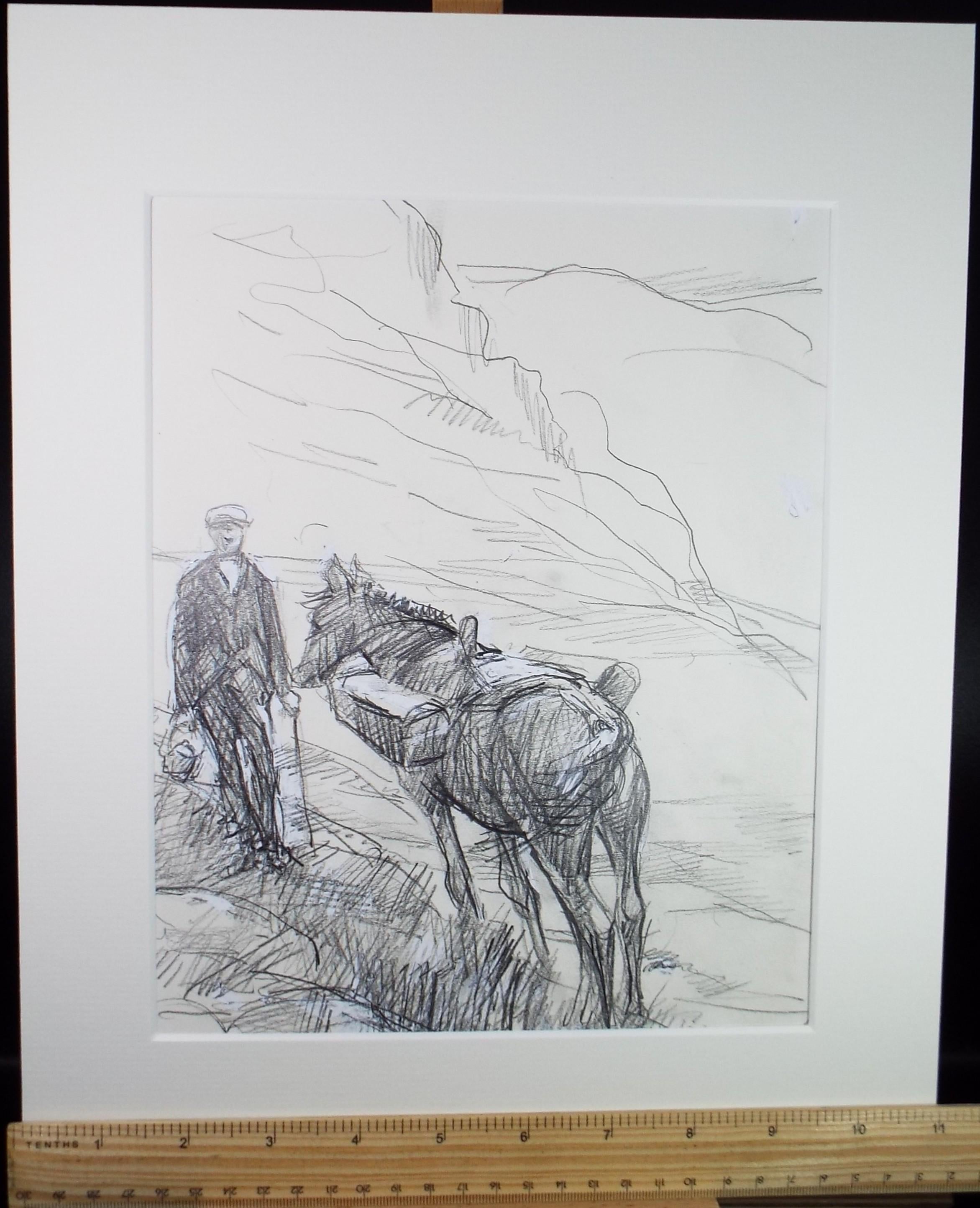 Original Pencil drawing heightened with white 'Figure with pack horse' circa 1990's, John Gilbey Bowles (1929-2011)