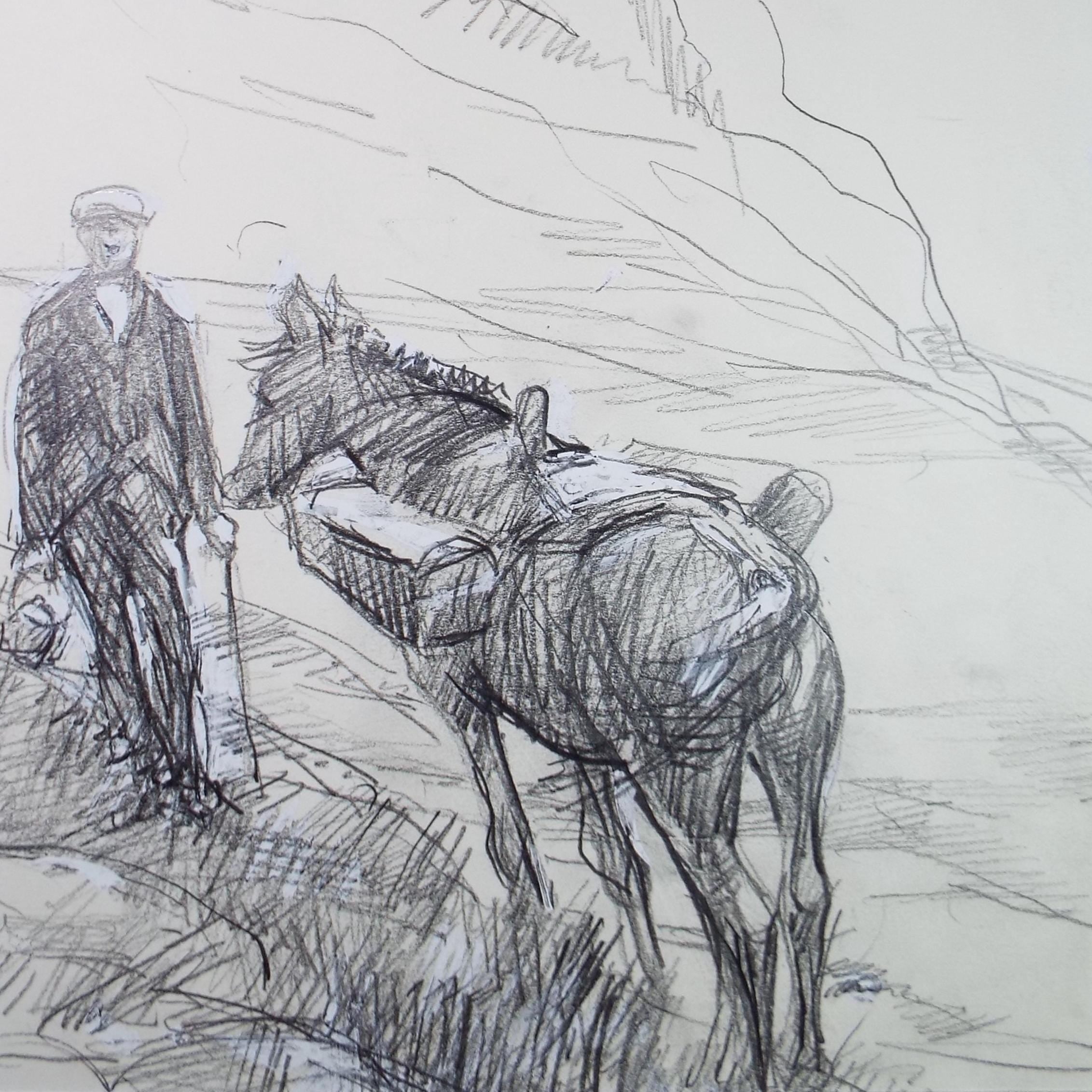 Original Pencil drawing heightened with white 'Figure with pack horse' circa 1990's, John Gilbey Bowles (1929-2011)
