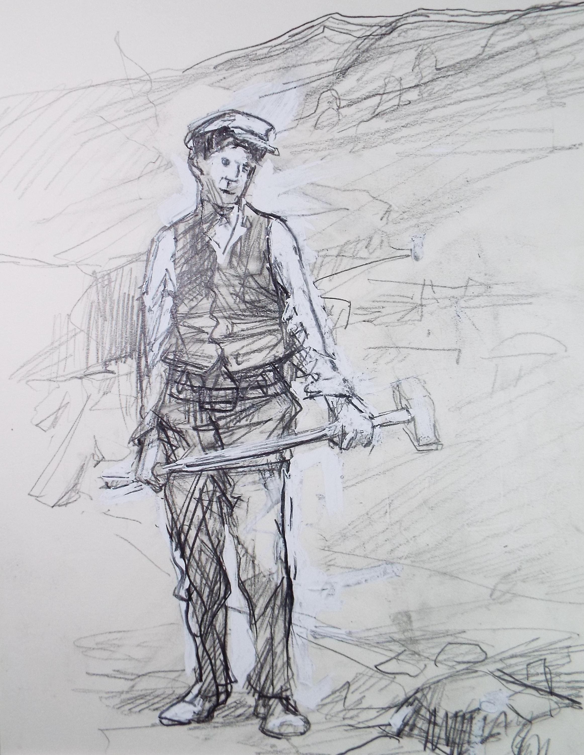Original Pencil drawing heightened with white 'Granite Quarry Worker' circa 1990's, John Gilbey Bowles (1929-2011)