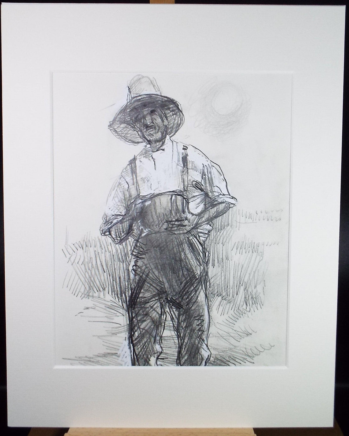 Original Pencil drawing heightened with white 'Farm Worker', circa 1990's, John Gilbey Bowles (1929-2011)