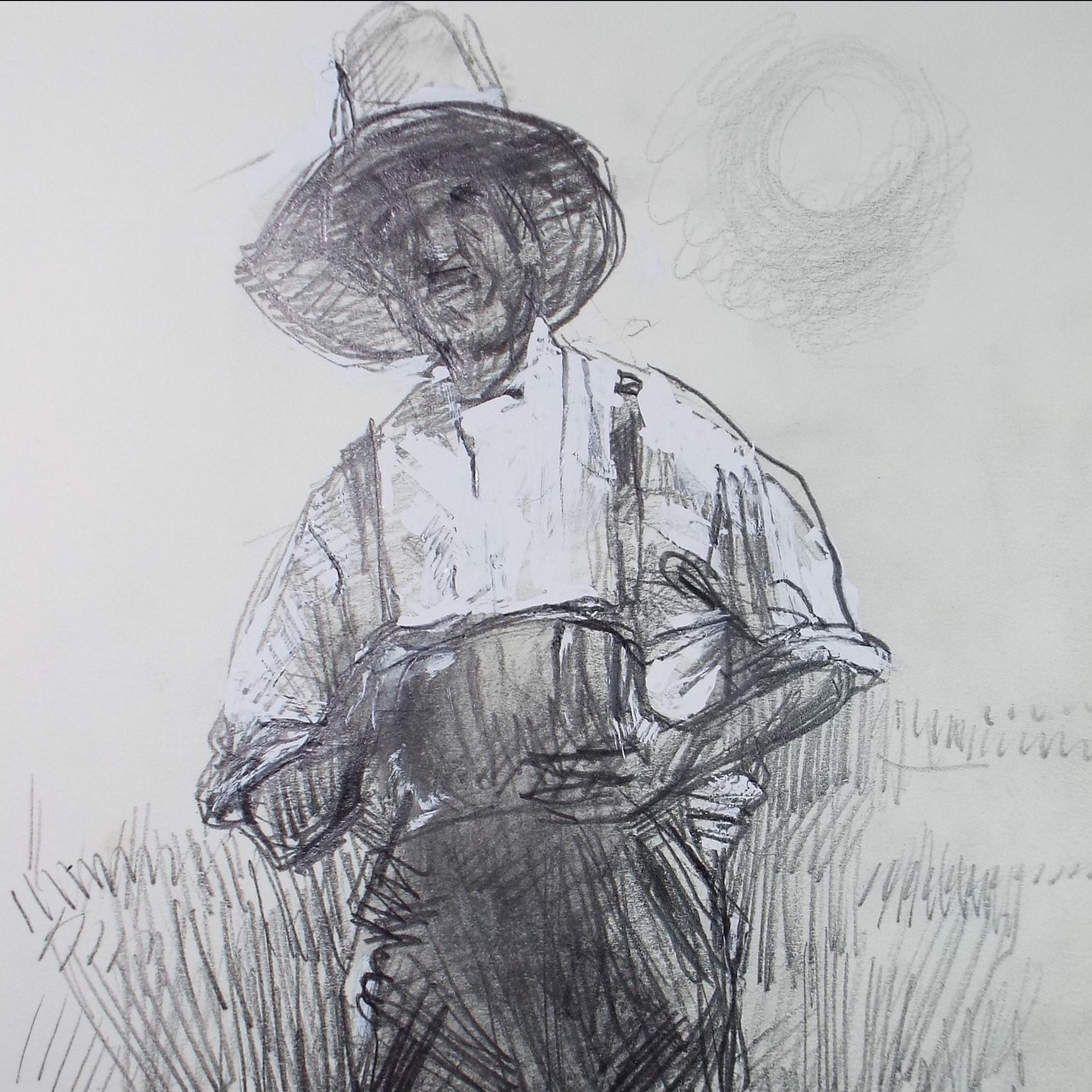 Original Pencil drawing heightened with white 'Farm Worker', circa 1990's, John Gilbey Bowles (1929-2011)
