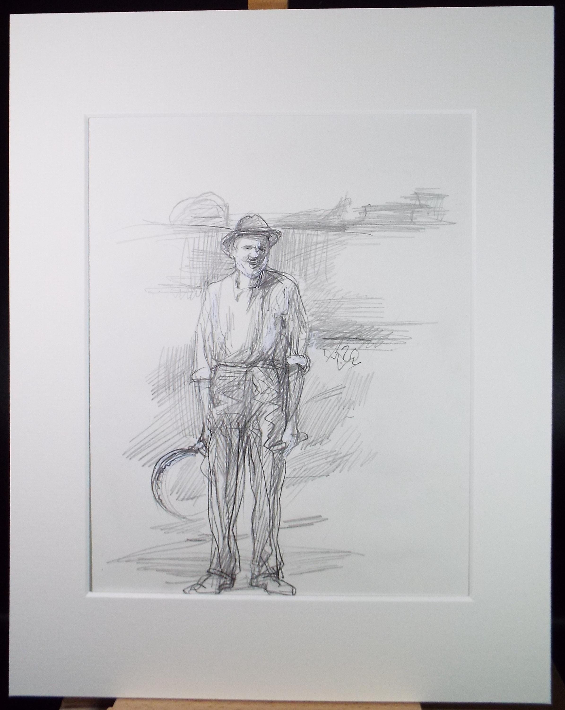 Original Pencil drawing heightened with white 'Farm Worker', circa 1990's, John Gilbey Bowles (1929-2011)