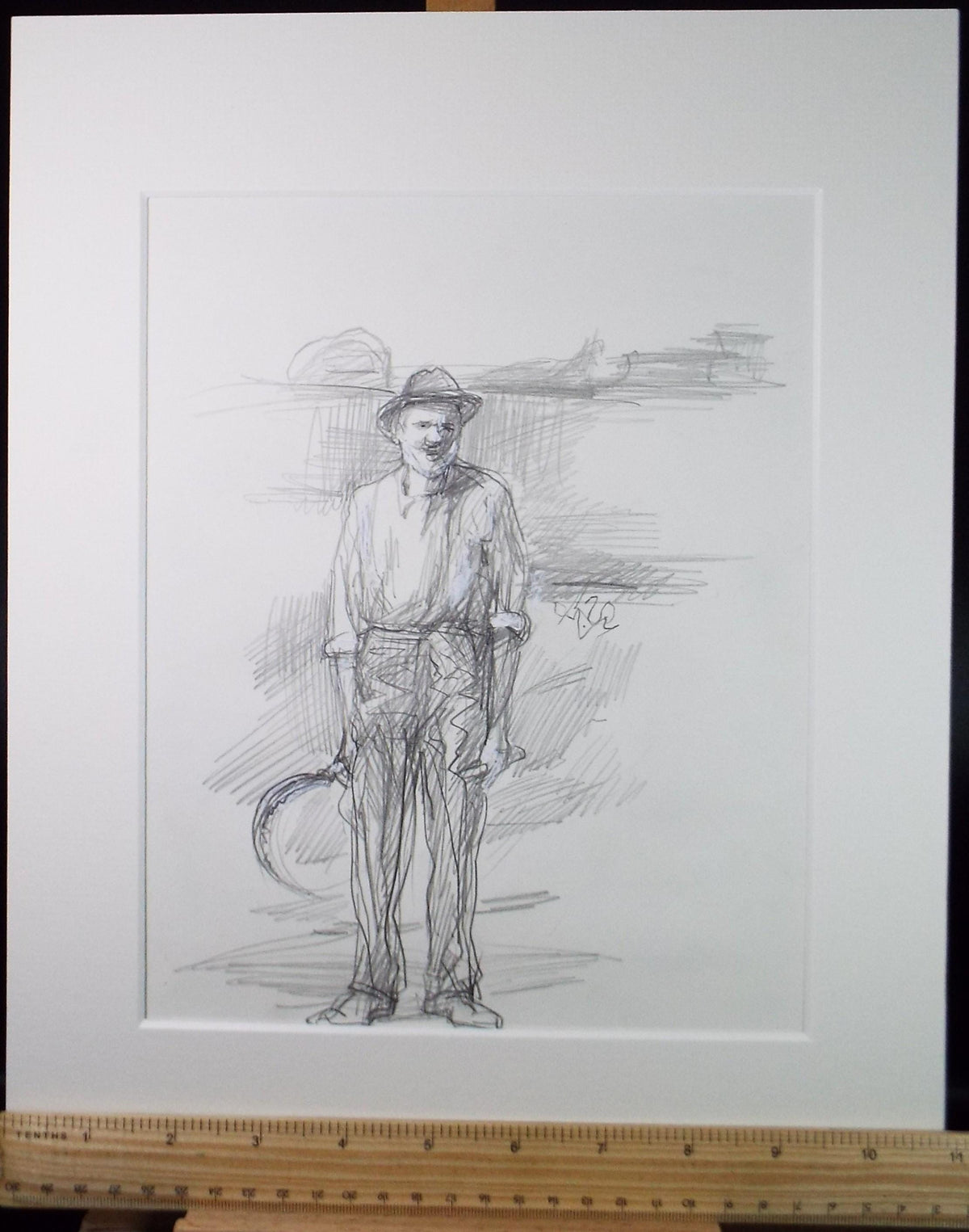 Original Pencil drawing heightened with white 'Farm Worker', circa 1990's, John Gilbey Bowles (1929-2011)