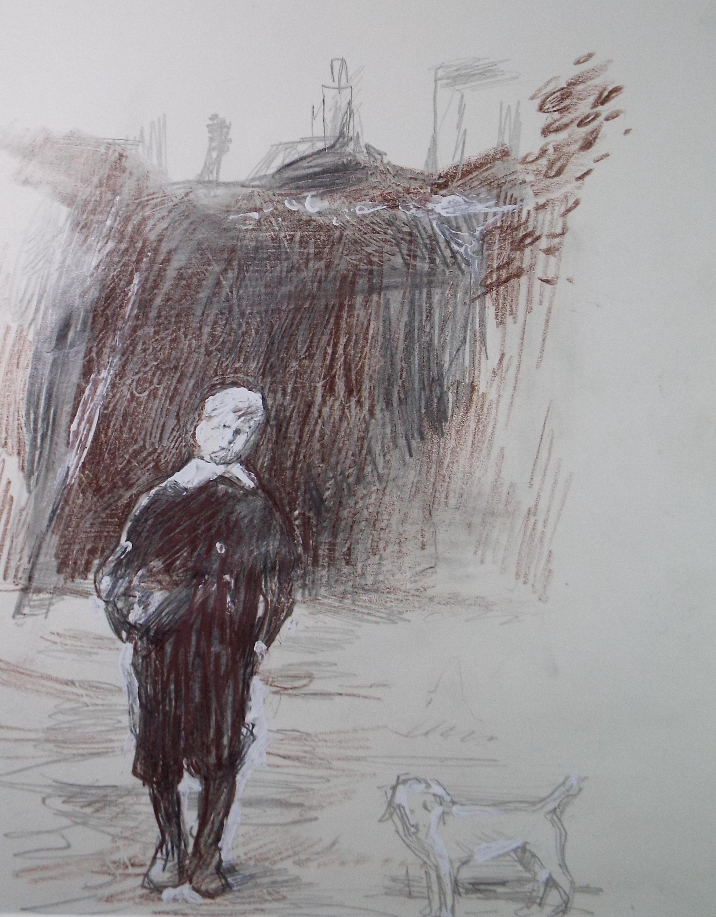 Original Pencil drawing heightened with white 'Boy with dog', circa 1990's, John Gilbey Bowles (1929-2011)