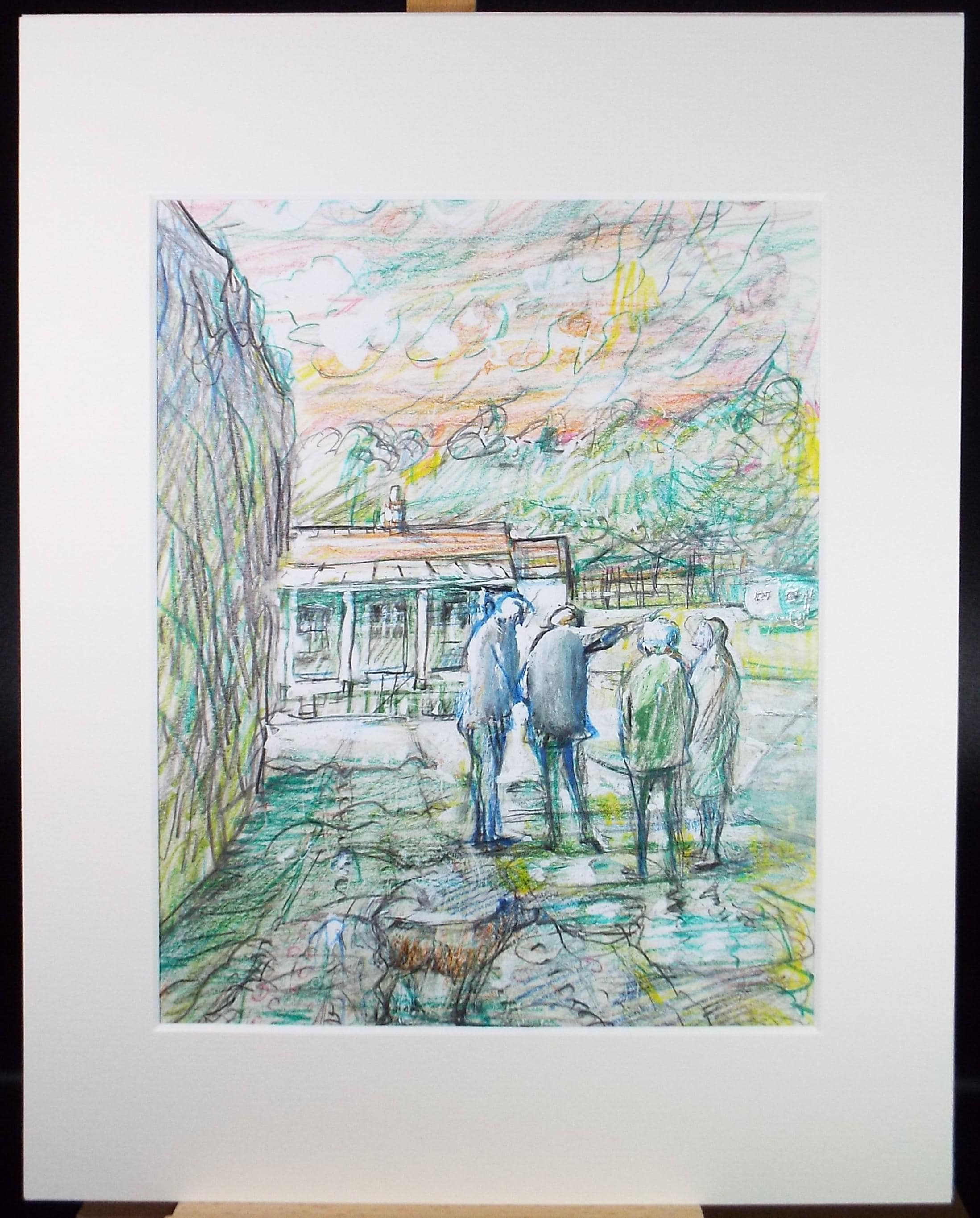 Original mixed media, 'Figures at the camp site', circa 1990's, John Gilbey Bowles (1929-2011)