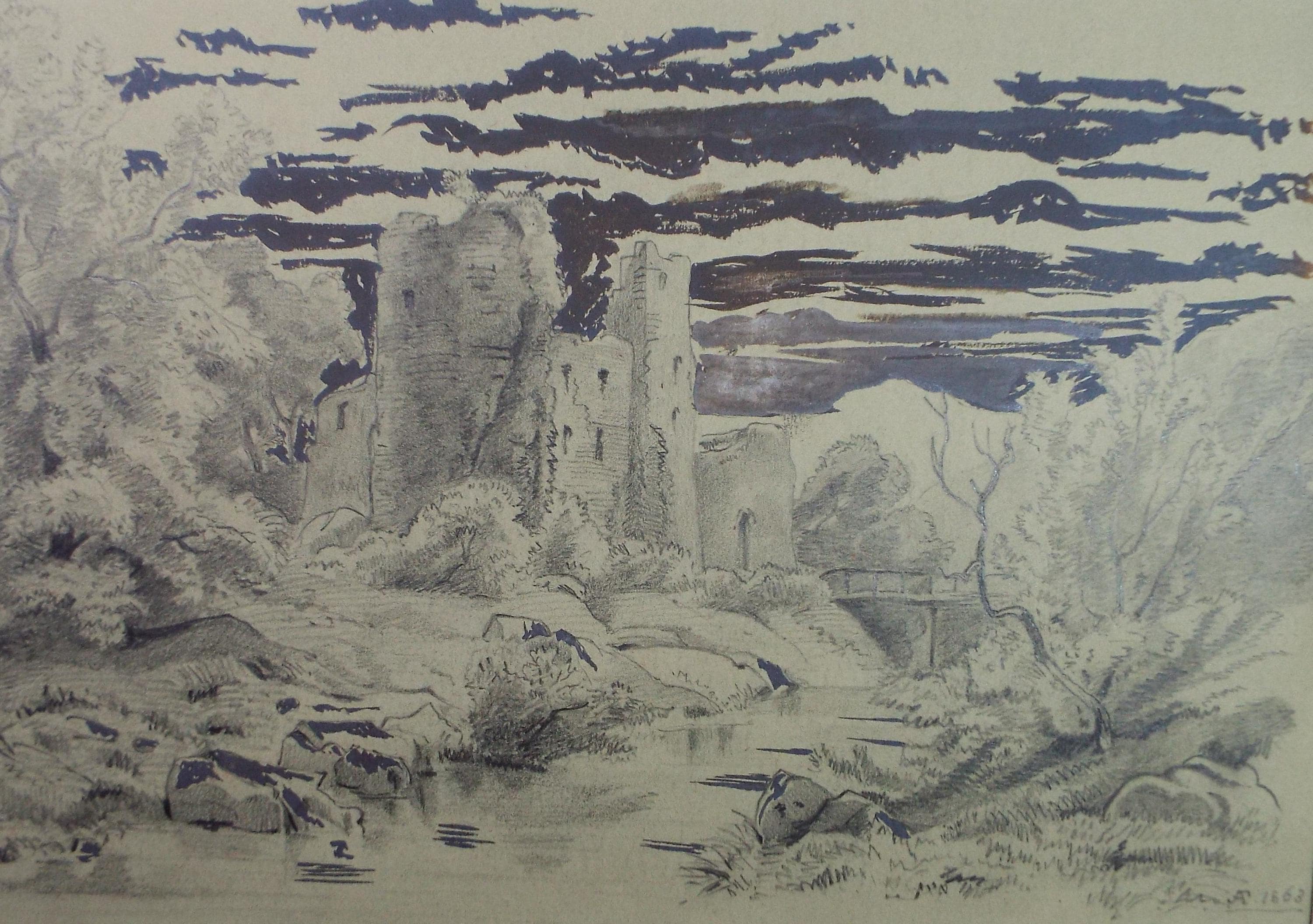 Original Pencil drawing with ink, 'Castle Ruins', Unknown Artist - Dated 1863