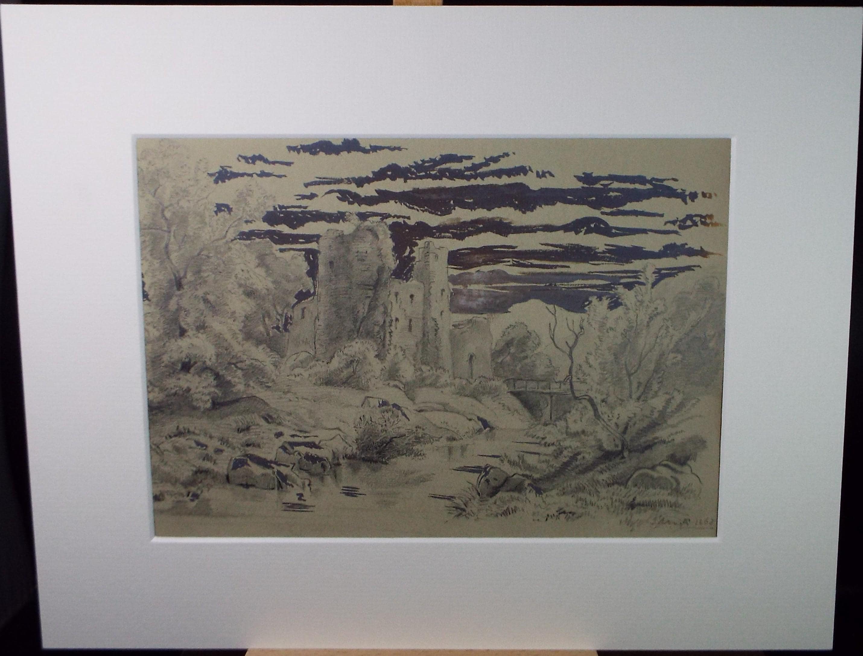 Original Pencil drawing with ink, 'Castle Ruins', Unknown Artist - Dated 1863