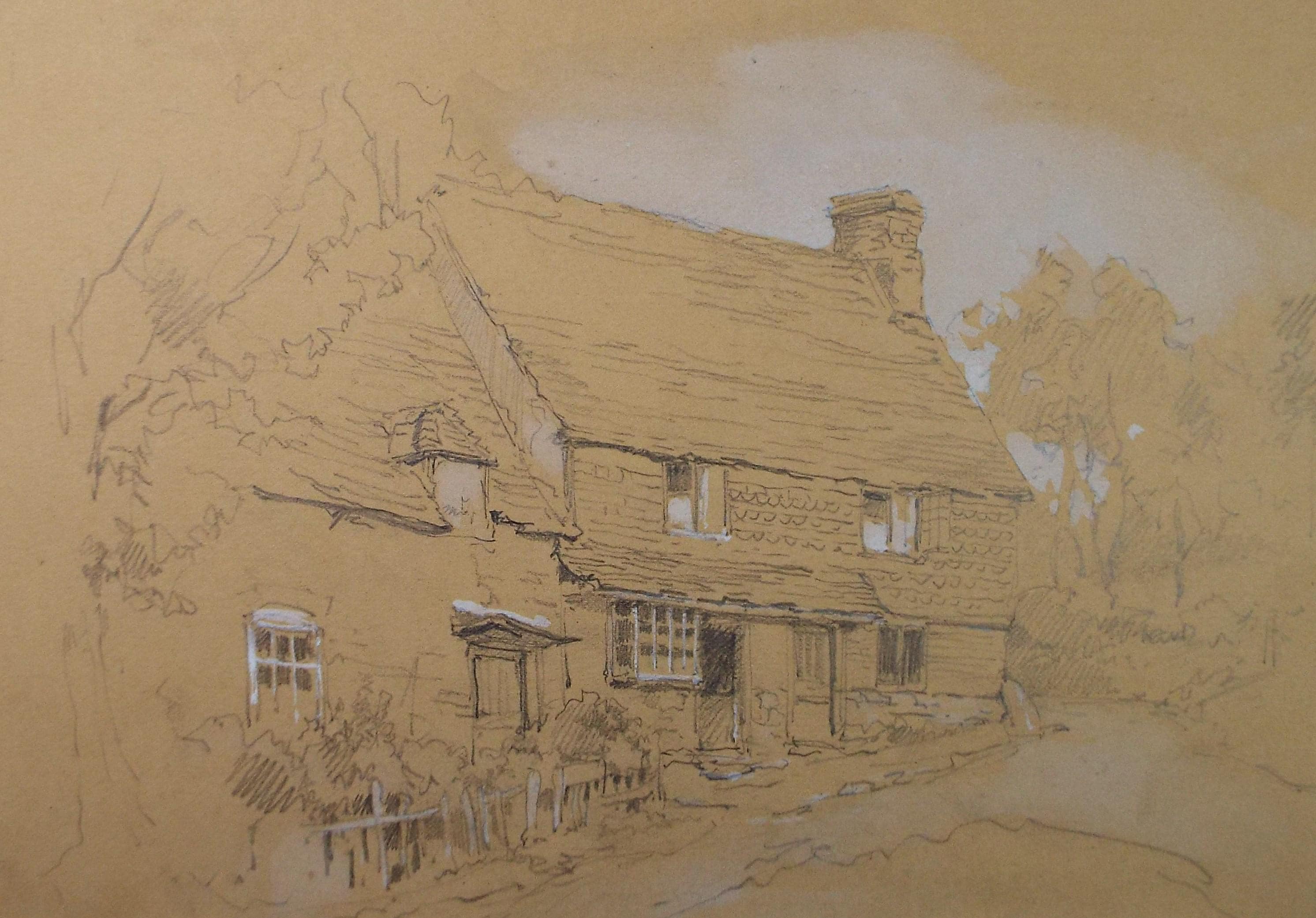 Original Pencil Drawing with white, 'Sussex Cottage', Late 19th Century, Unknown Artist