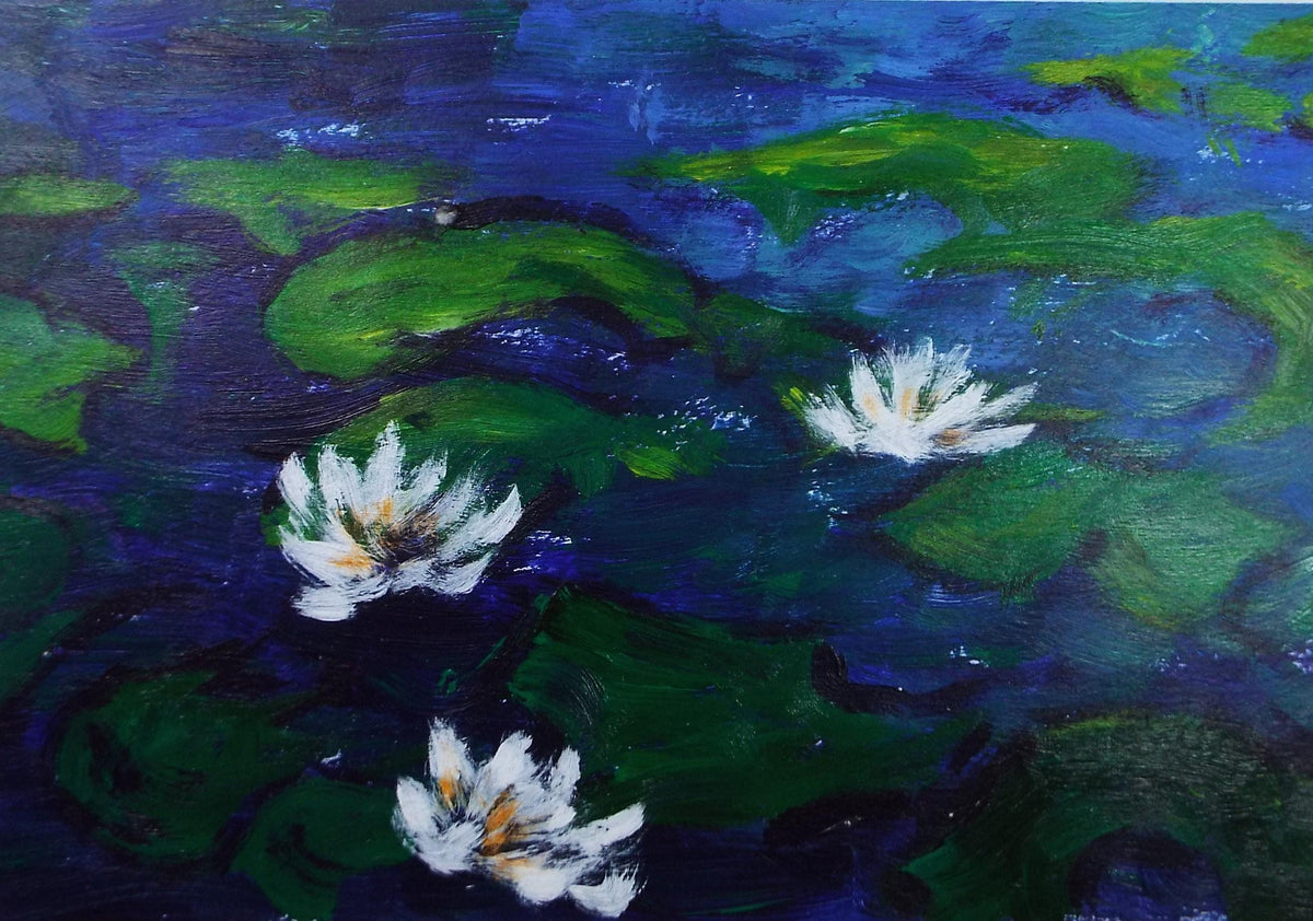 Original Acrylic on Paper 'Water lilies', unknown Artist, Circa 1990's