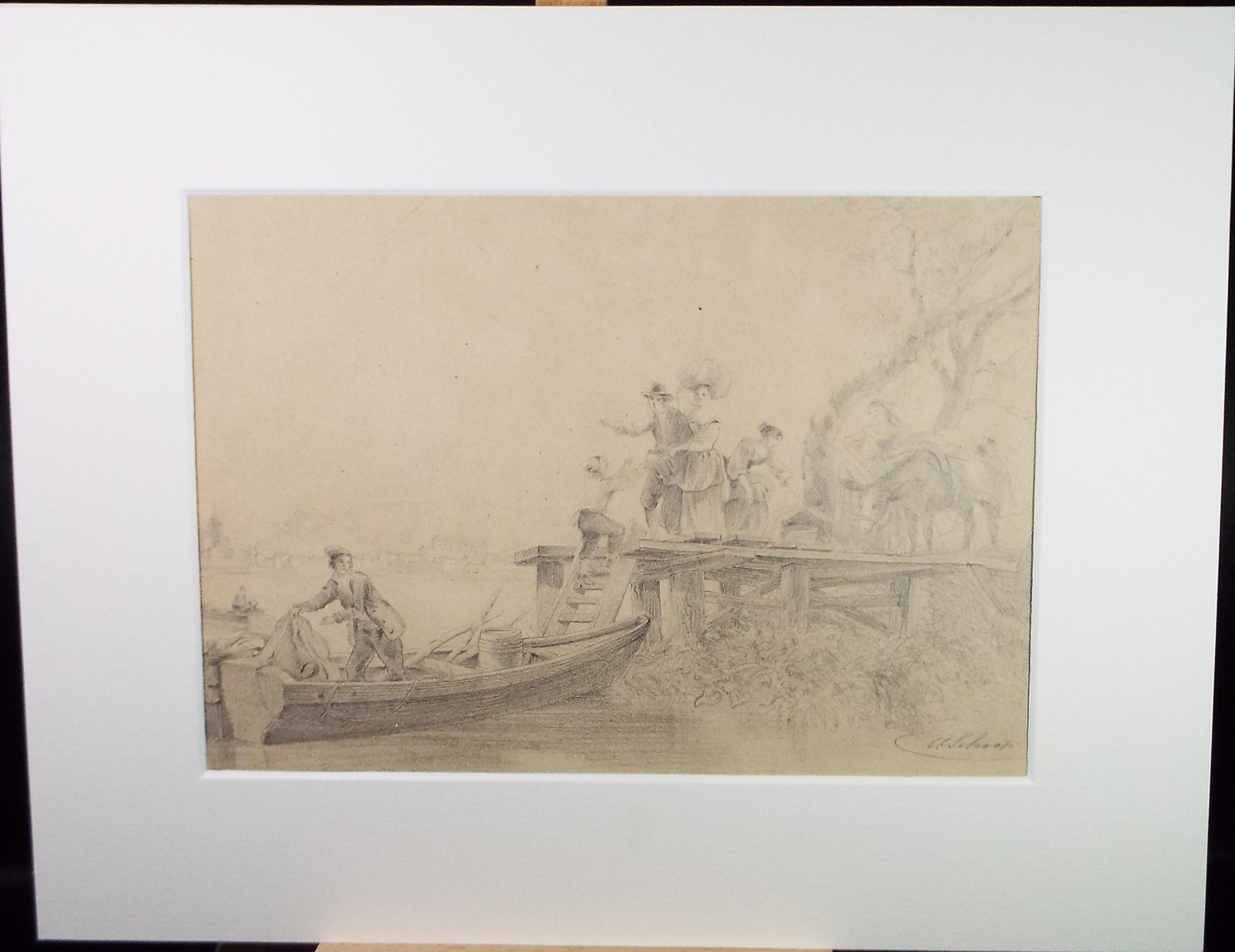 Original Pencil drawing, 'Figures on the quay' Late 19th Century, Artist Unknown