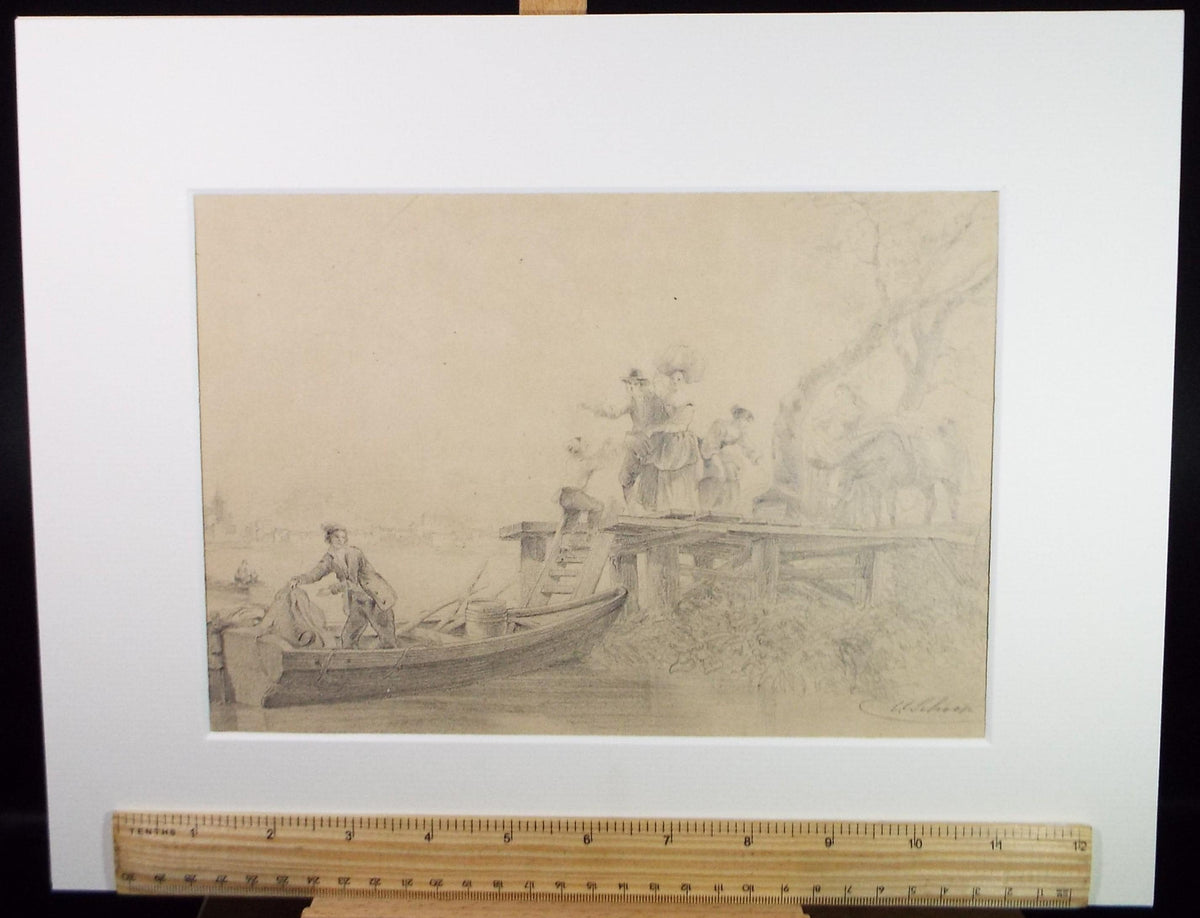 Original Pencil drawing, 'Figures on the quay' Late 19th Century, Artist Unknown