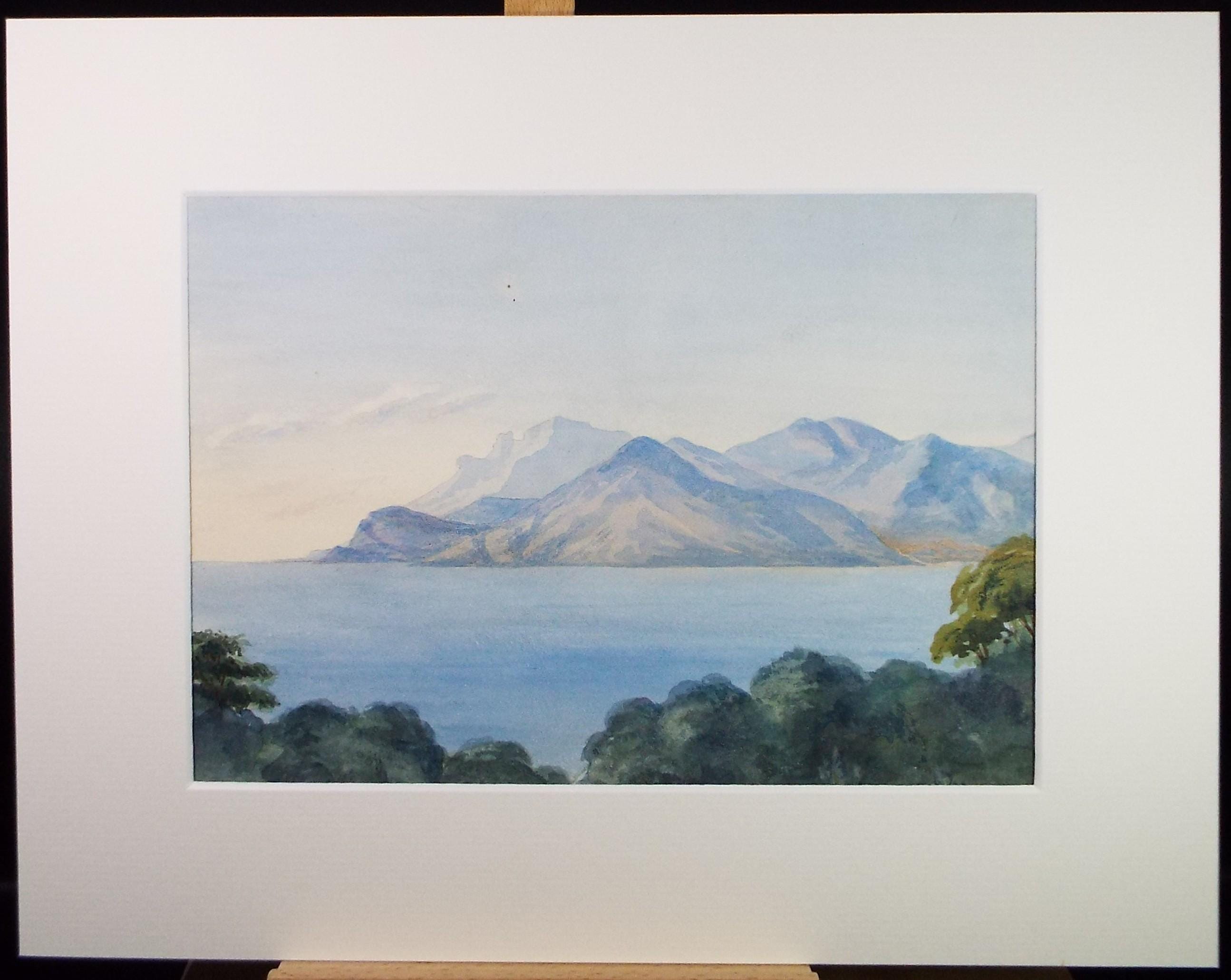 Original Watercolour, 'Bay with distant mountains', Late 19th Century, artist unknown