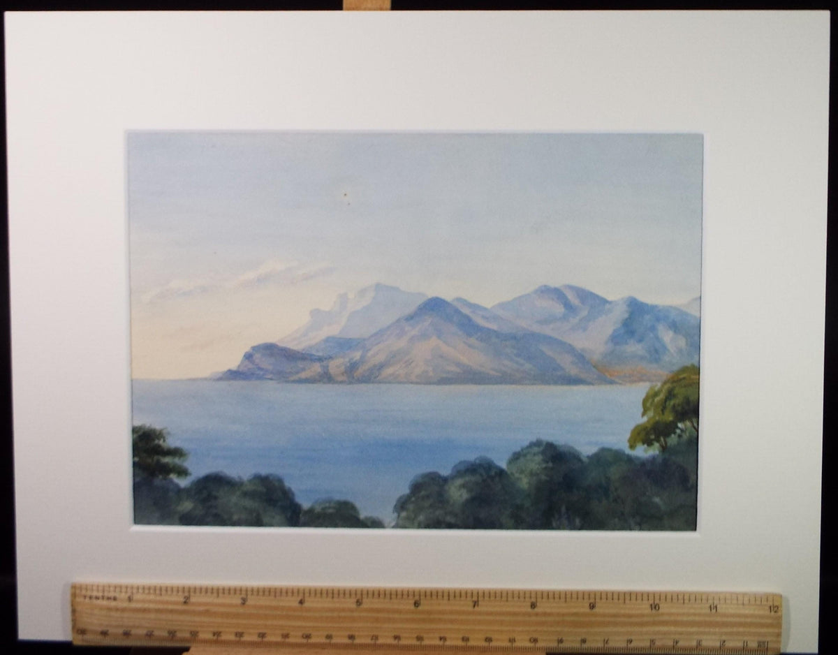 Original Watercolour, 'Bay with distant mountains', Late 19th Century, artist unknown