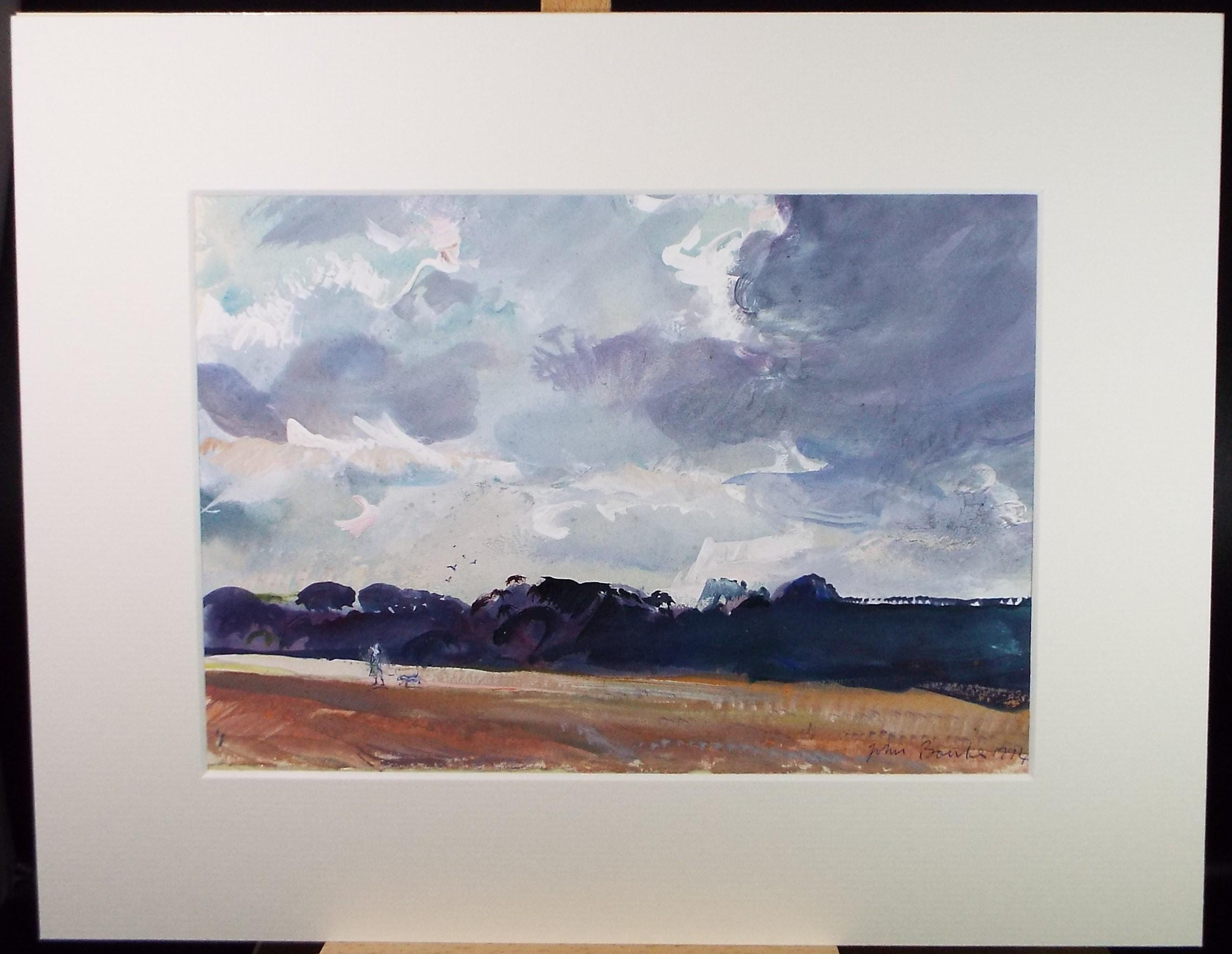 Original Watercolour & Gouache, 'Landscape with figure and dog', John Gilbey Bowles (1929-2011), Dated 1994