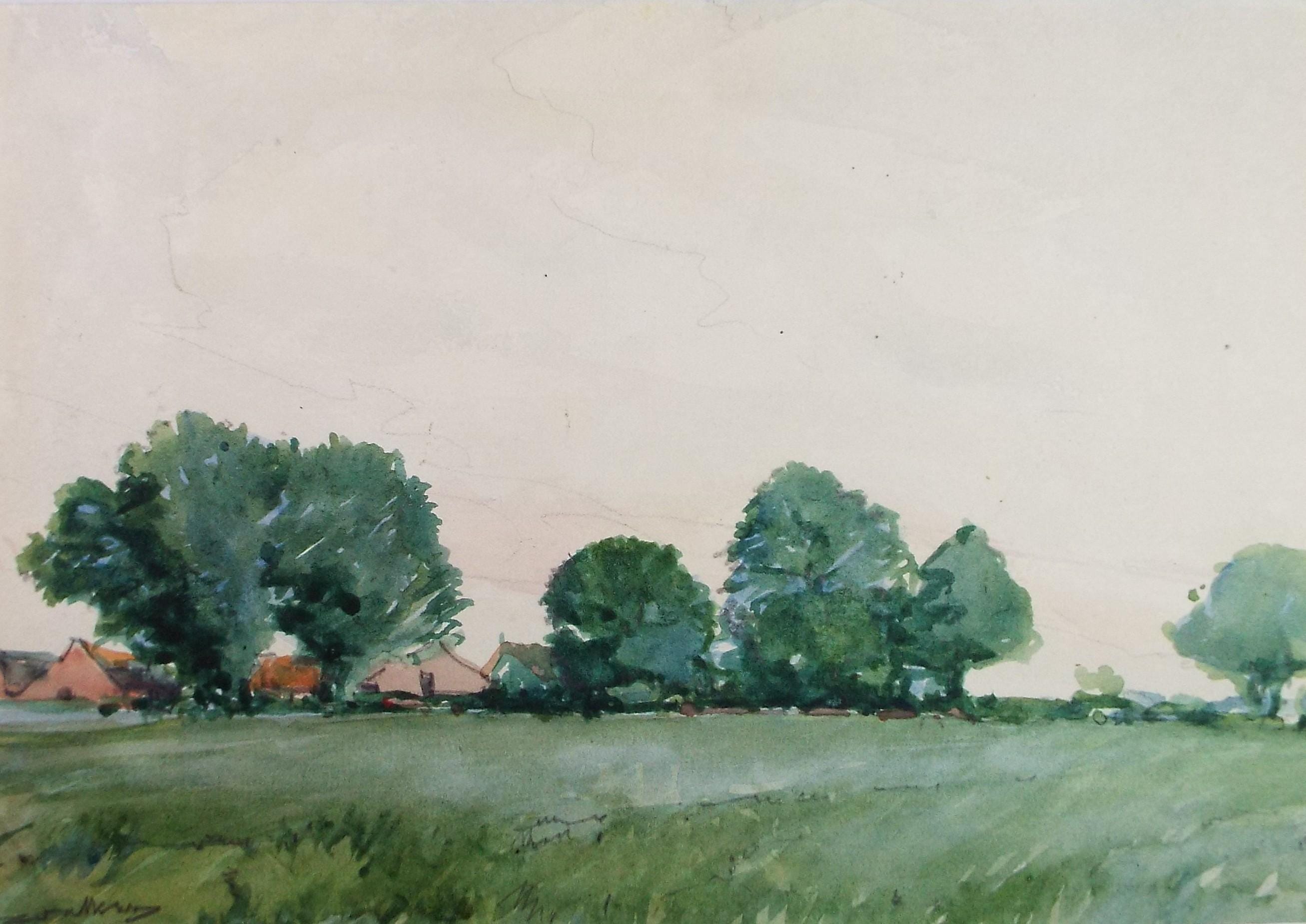Original Watercolour & Pencil, 'Landscape with trees and farm buildings', Circa 1920's, Lawrence Walker (1877-1967)