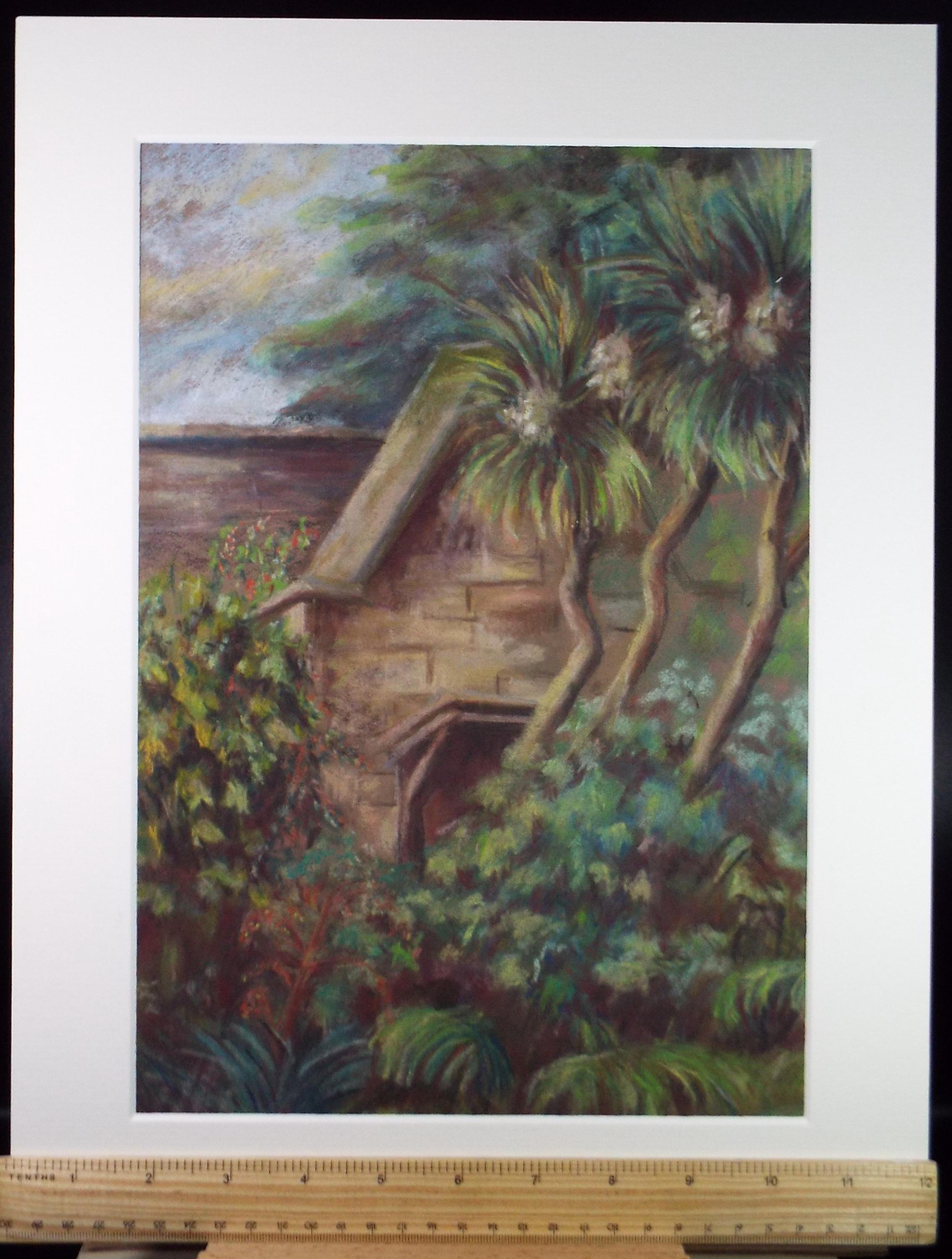 Original Pastel, 'Building in a Tropical landscape', Circa 1950's, Artist Unknown