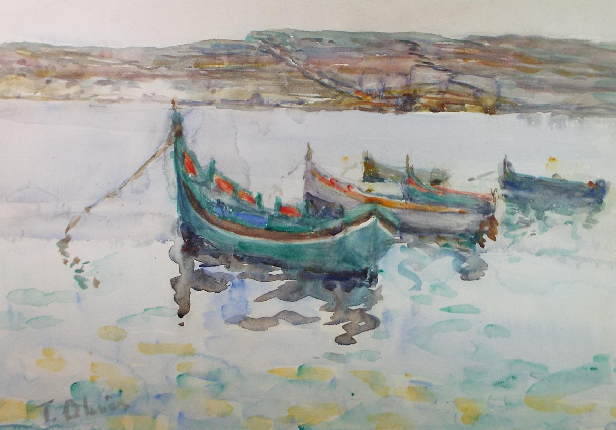 Original Watercolour, 'Moored Boats', c1960's, Unknown Artist