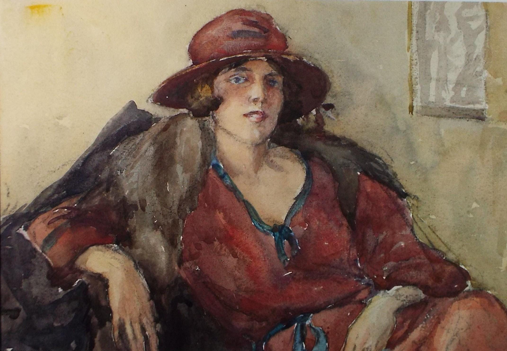 Original Watercolour and Gouache, 'Portrait of Woman in Red Hat', c1930's, Adeline Carrington (exh 1923)
