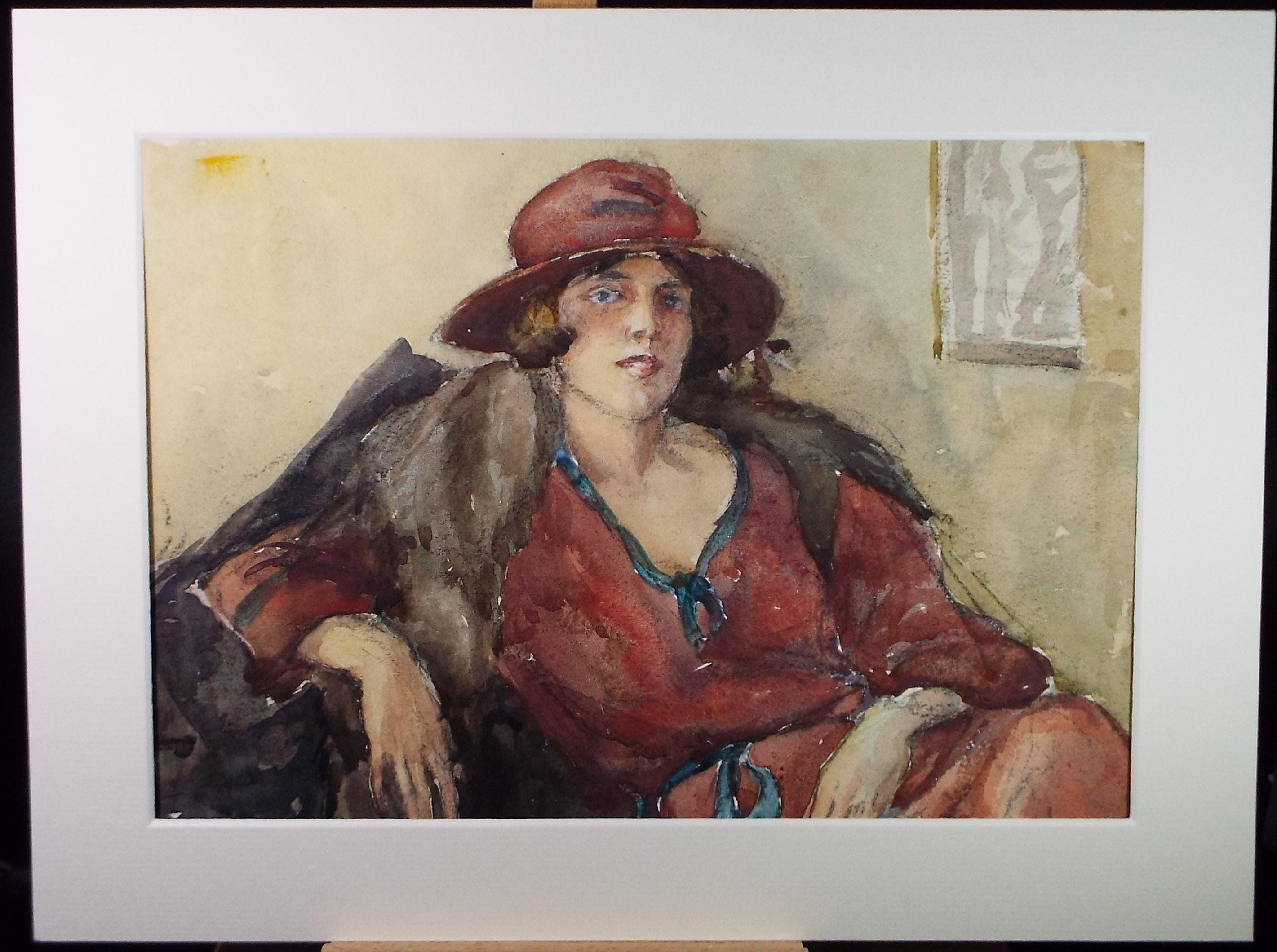 Original Watercolour and Gouache, 'Portrait of Woman in Red Hat', c1930's, Adeline Carrington (exh 1923)