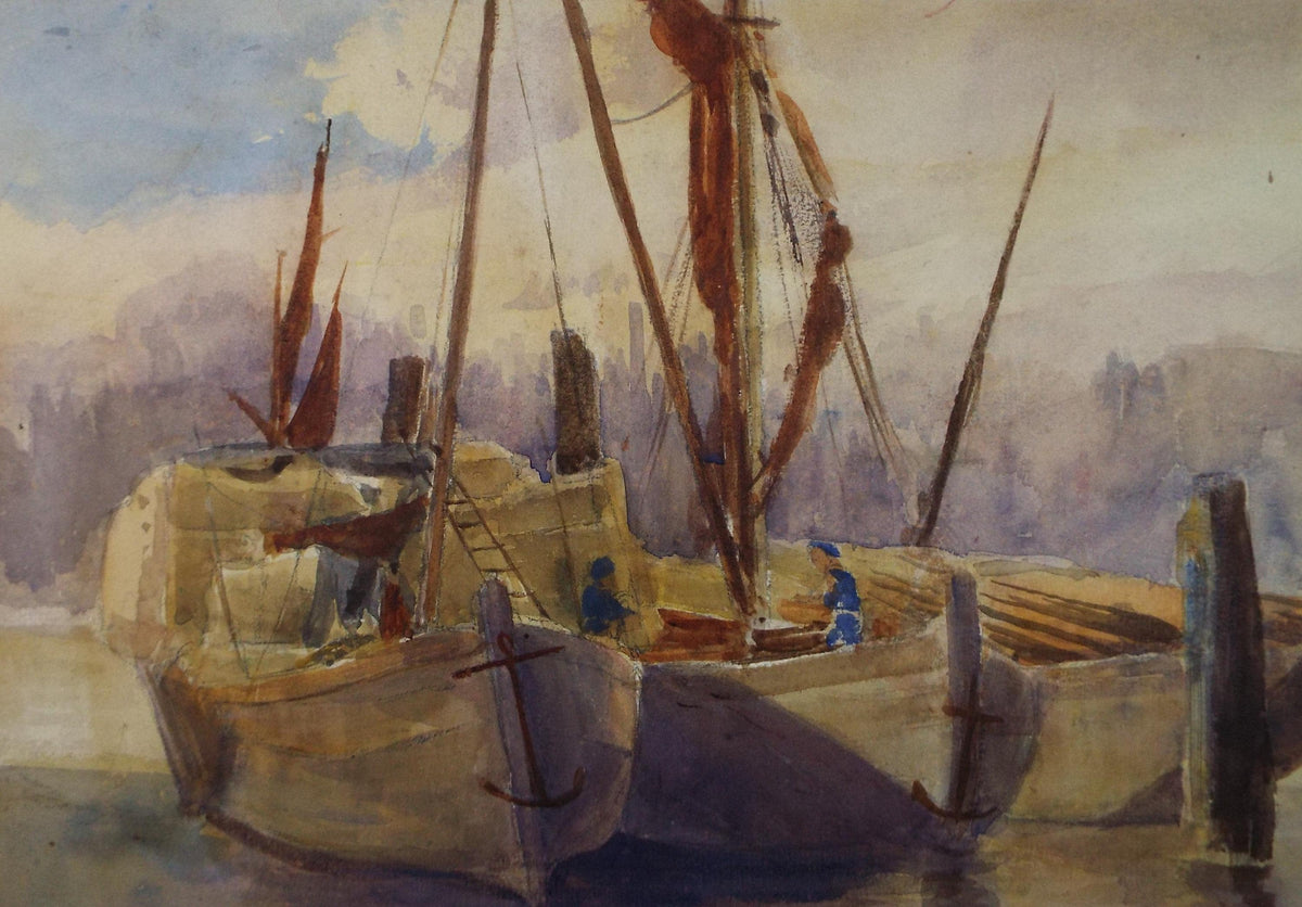 Original Watercolour, 'Fishing boats with figures, Mid 20th Century, Unknown Artist