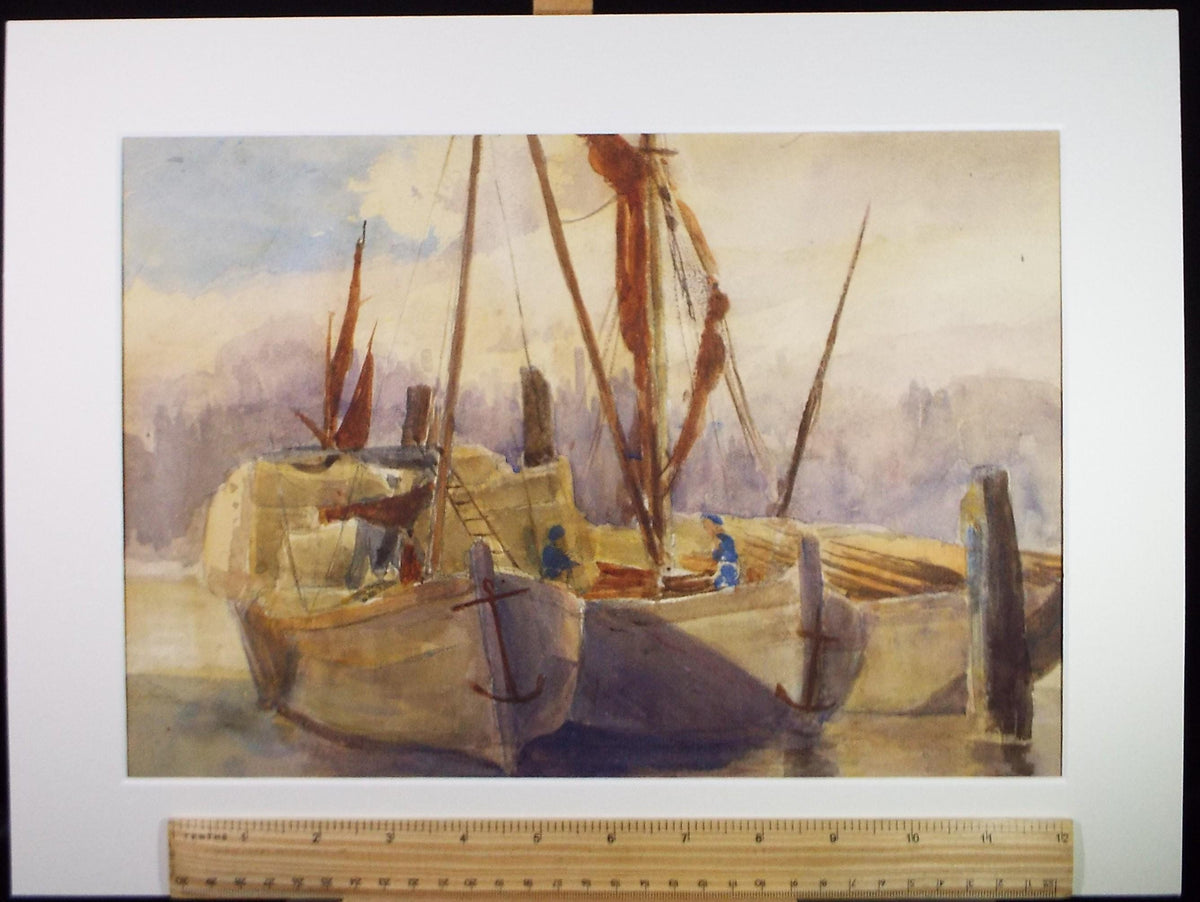 Original Watercolour, 'Fishing boats with figures, Mid 20th Century, Unknown Artist