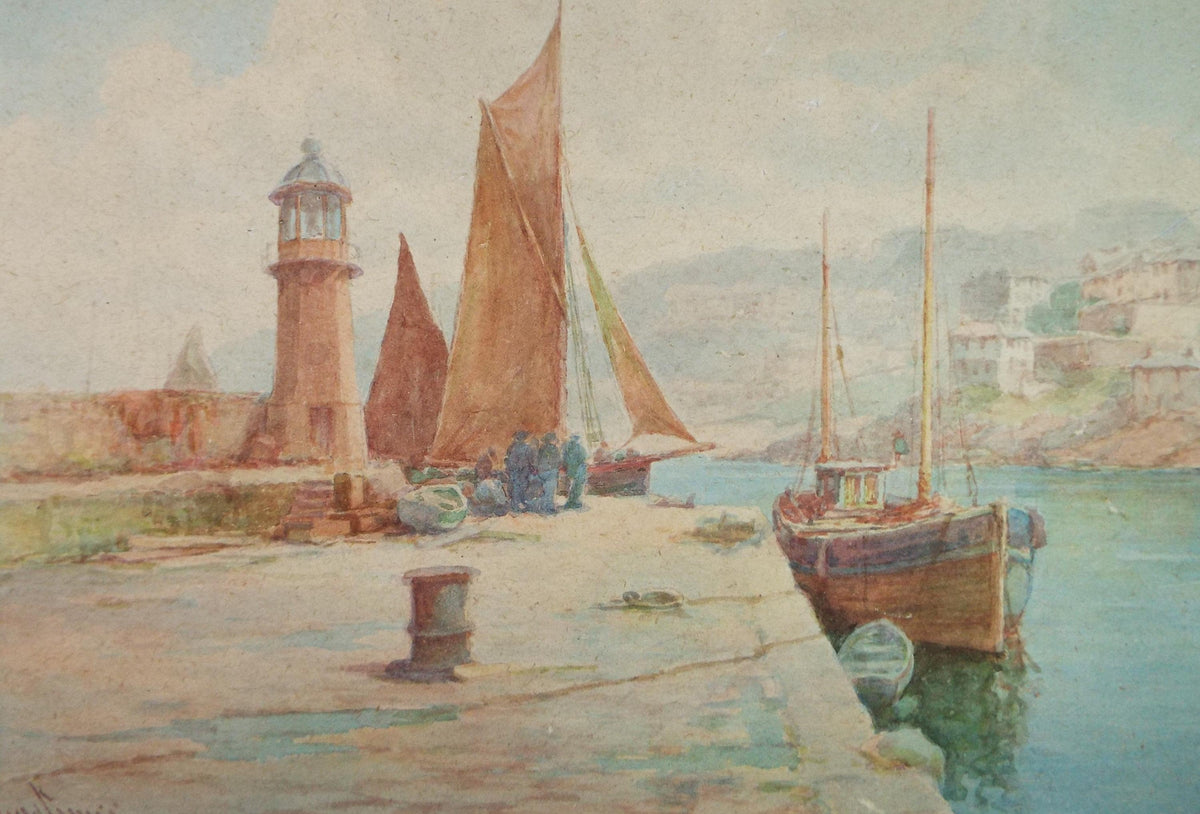 Original Watercolour, 'Boats at the Quay', c1920's, Unknown Artist