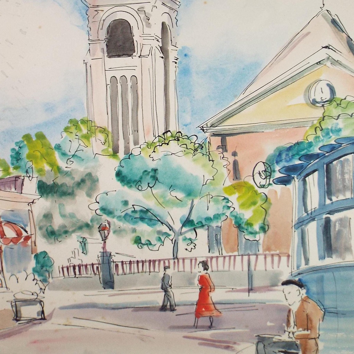 Original Watercolour , 'Figure before a Church', Indistinctly Signed, circa 1960's