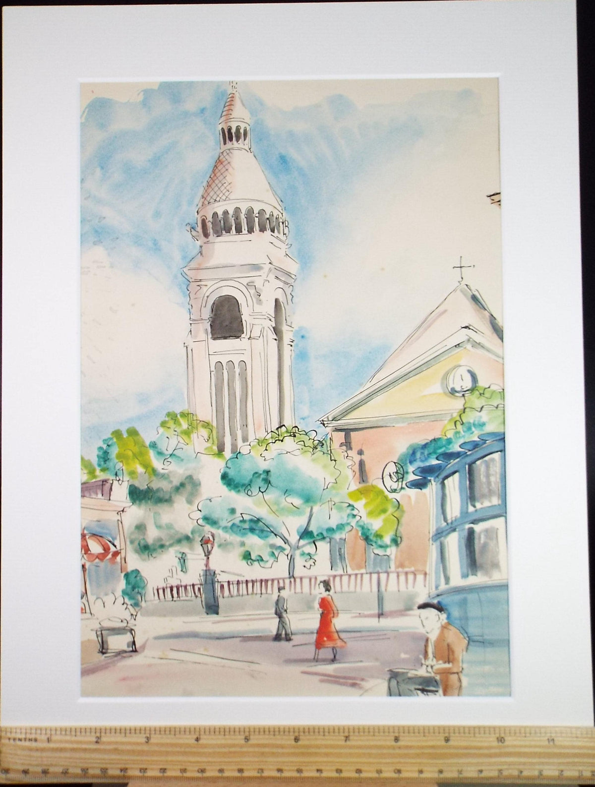 Original Watercolour , 'Figure before a Church', Indistinctly Signed, circa 1960's