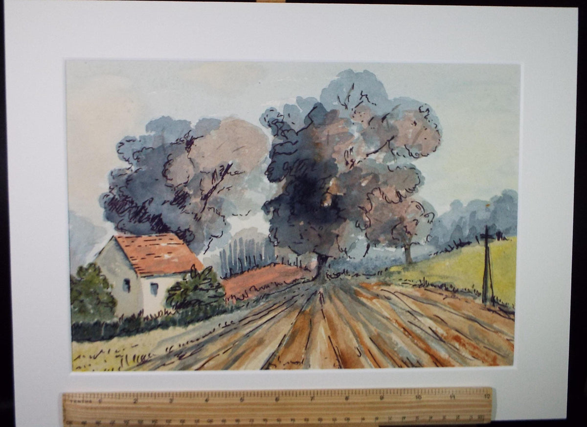 Original Watercolour circa 1960's , ' Ploughed Field' - Unknown Artist
