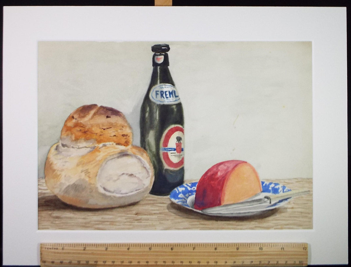 Original Watercolour, 'Still Life with Beer, Bread & Cheese' circa 1950's, Artist Unknown