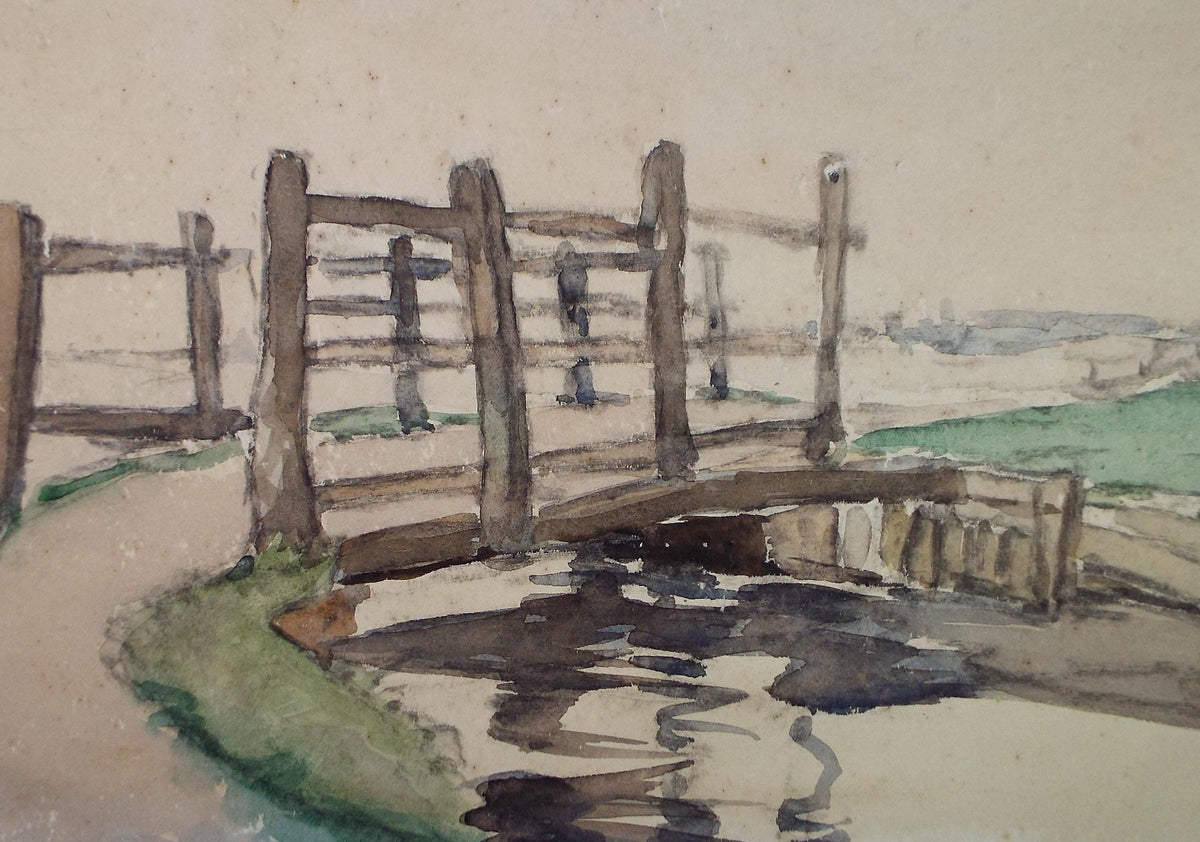 Original Watercolour, 'Bridge over the river', circa 1920, Lawrence Walker (1877-1967)