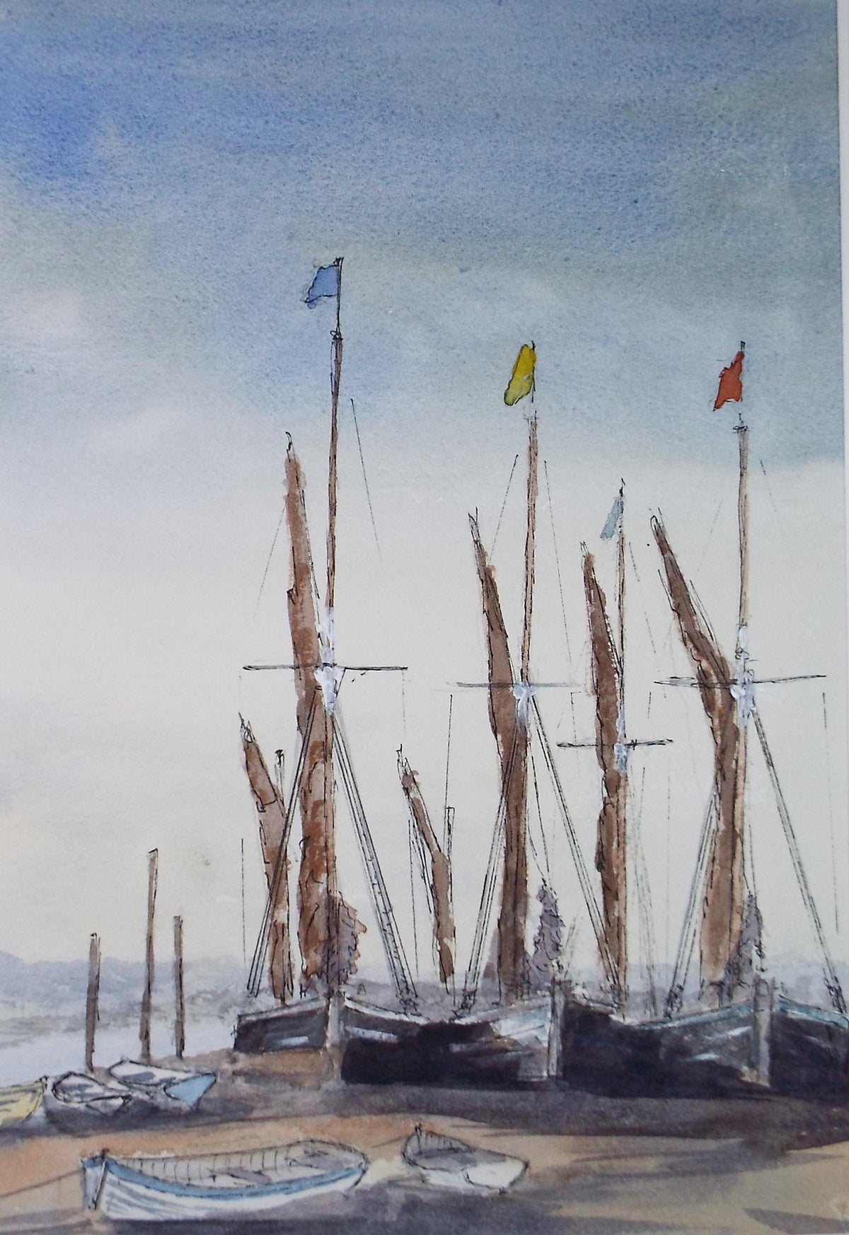 Original Watercolour, 'Boats on the Shore', Unknown artist' Circa 1990's