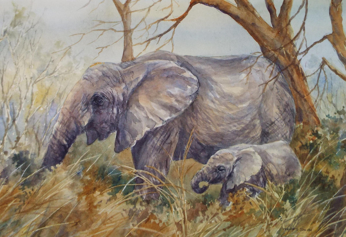 Original Watercolour, 'African Elephants' circa 1990's, Dorothea Travers-Smith,