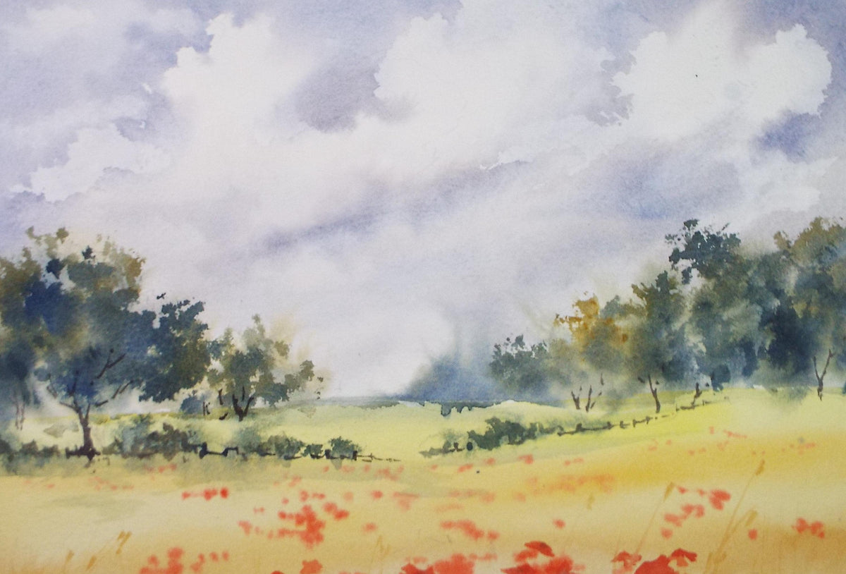 Watercolour and Gouache, 'Cornfield with poppies', John Gilbey Bowes (1929-2011), Circa 1990's