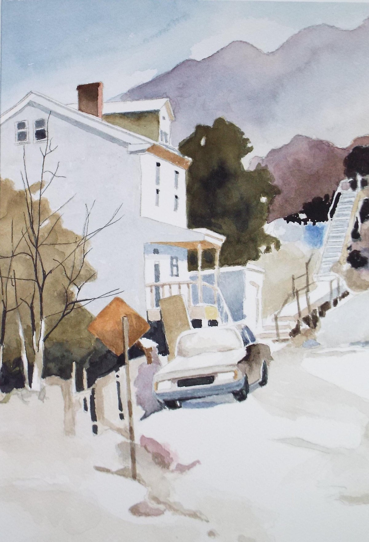 Original Watercolour drawing, 'Street Scene with car', G E Stephenson, Circa 1990's