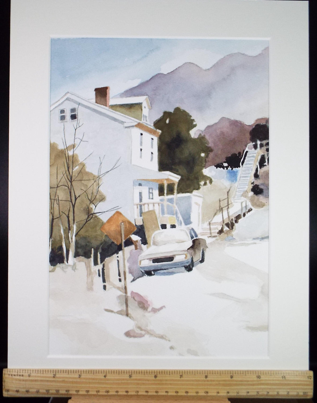 Original Watercolour drawing, 'Street Scene with car', G E Stephenson, Circa 1990's